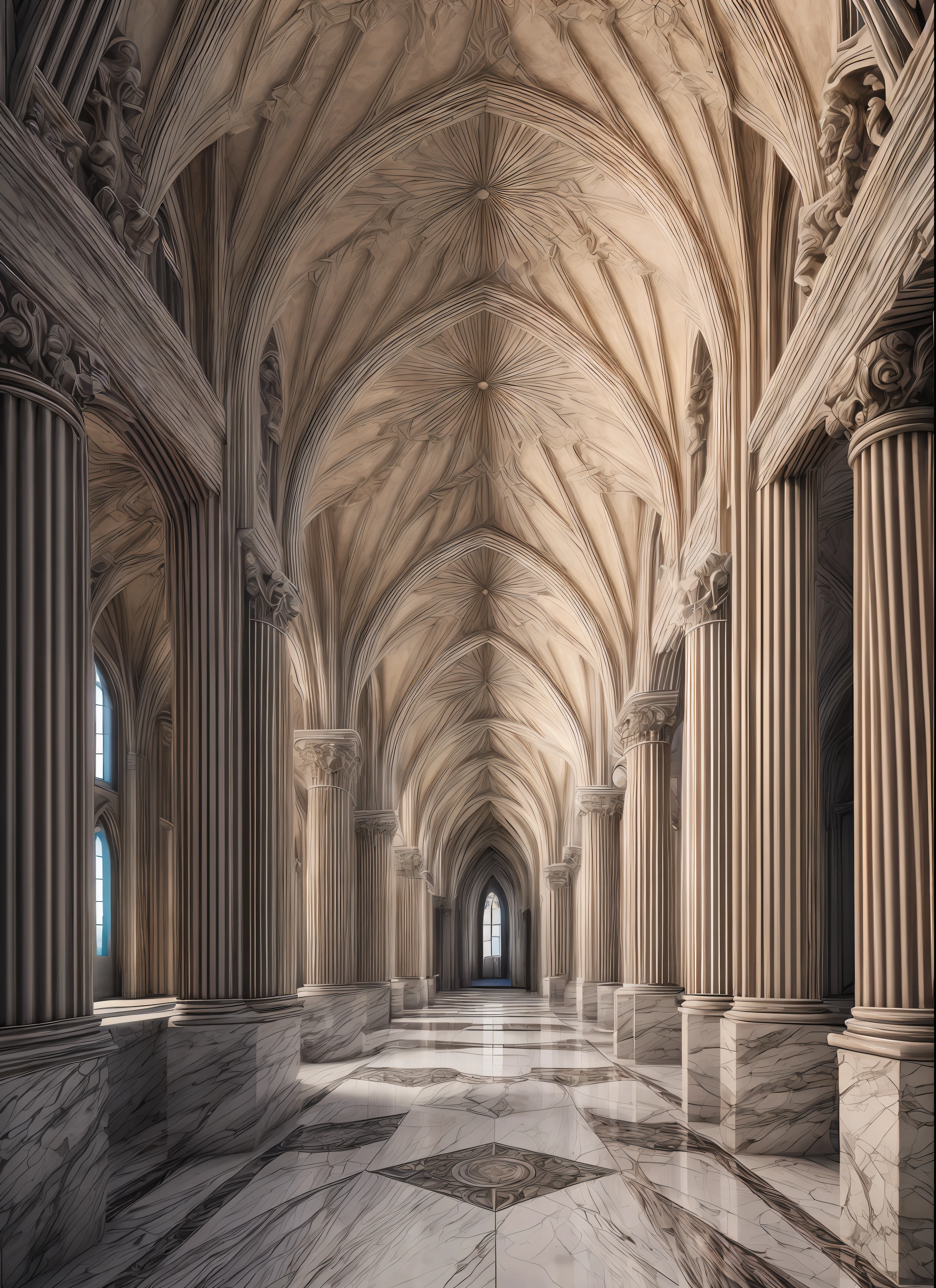 A picture of an extremely long hallway in a white cathedral with intricate designs on the walls and ceiling, the most detail possible, hand carved art, 25ft high ceilings, grand archway, marble floor, chandeliers, shallow depth of field, cinematic light, soft light (RAW, analogue, Nikon Z 14mm ultra-wide angle lens, award-winning glamour photograph, ((best quality)), ((masterpiece)), ((realistic)), tessellation, ambient occlusion, ray-tracing, subsurface scattering, radiant light rays, high-res, high detail, sharp focus, aesthetic, extremely detailed, (extremely detailed), extremely detailed, octane render, photorealistic, realistic, post-processing, max detail, realistic shadows, roughness, real life, ultra-realistic, photorealism, photography, 8k UHD, photography, hdr, intricate, highly detailed, sharp focus, stunning, 8k, intricate, highly detailed, majestic, digital photography, (masterpiece, sidelighting, finely detailed  eyes: 1.2), HDR, wide angle camera, full portrait,