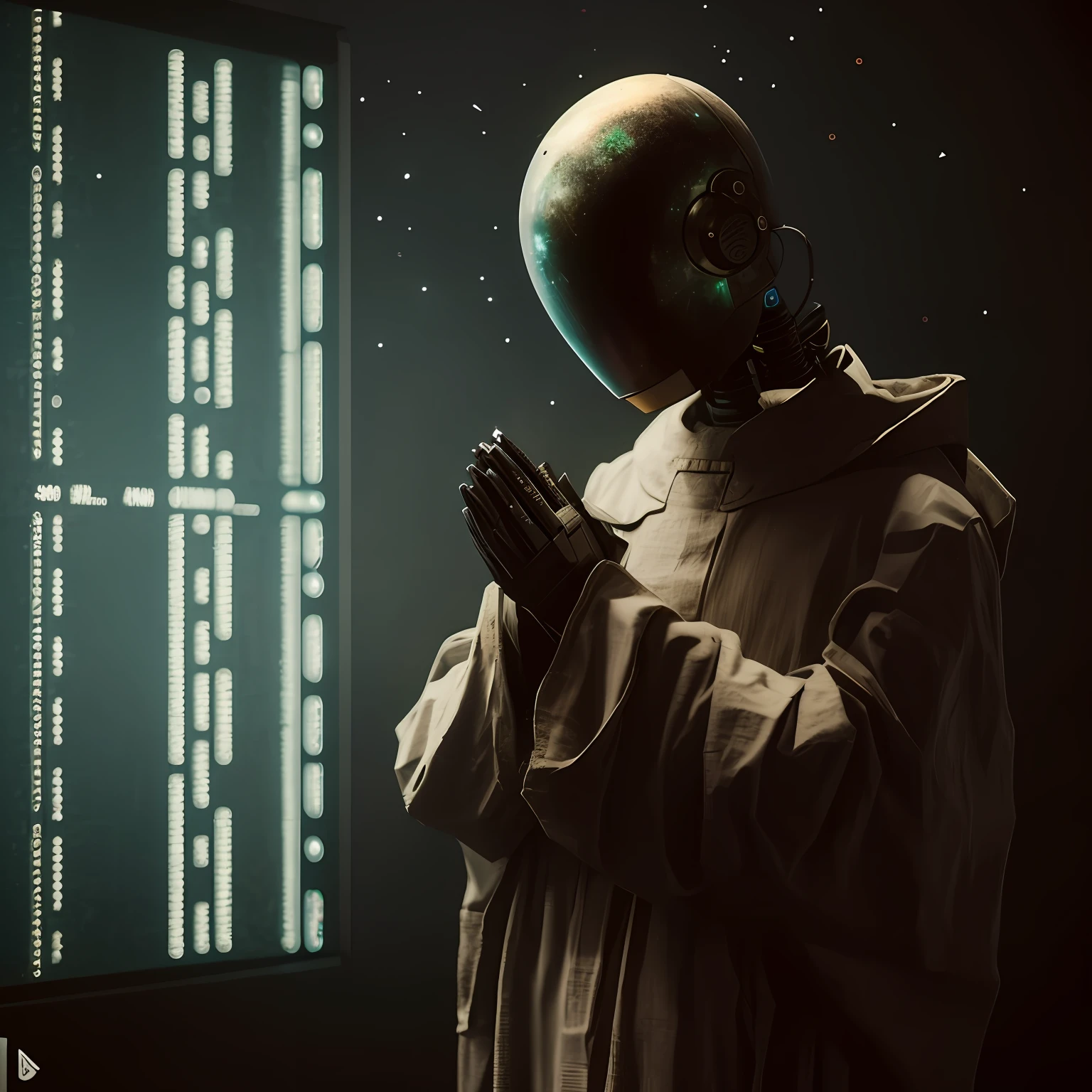 There's an old robot in a dirty old robe standing in front of a digital monitor, scifi religioso, por bipe, arte do bipe, Estilo Beeple, em estilo de bipe, beeple daily art, bipe!!, Obra-prima Beeple, bipe |, arte do bipe, 3 d render bipe, volumpetric light