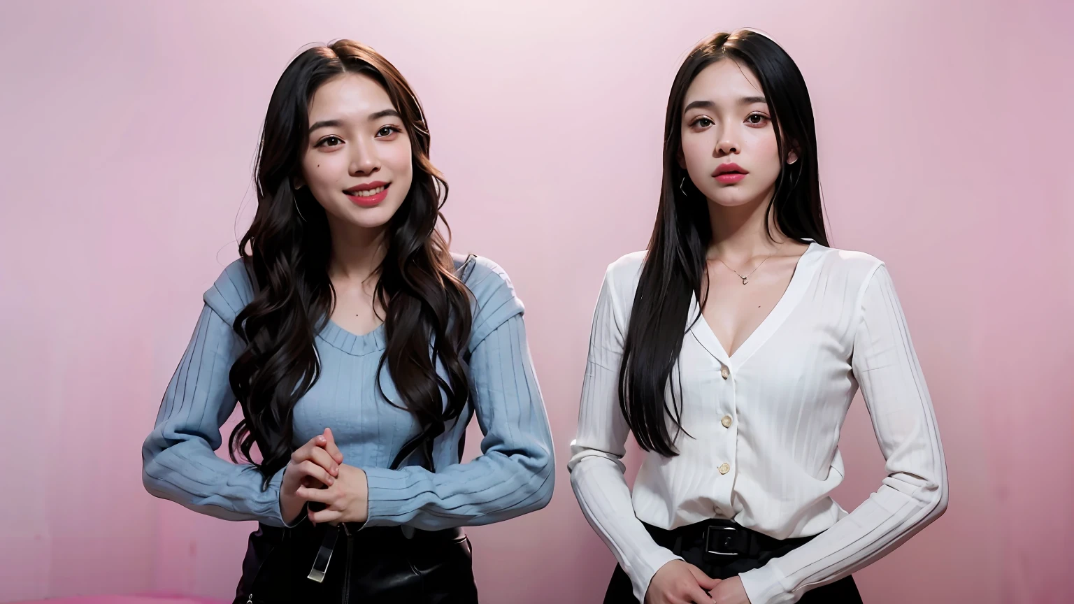 HD, 8k, hyper realistic, two women standing next to each other in front of a pink background, pokimane, gen z, music video, annoying sister vibes, charli bowater and artgeem, inspired by Gina Pellón, isabela moner, modeling for dulce and gabanna, beautiful girls, netflix, beautiful faces, sisters, photo shoot, artists, horror”, horror ”