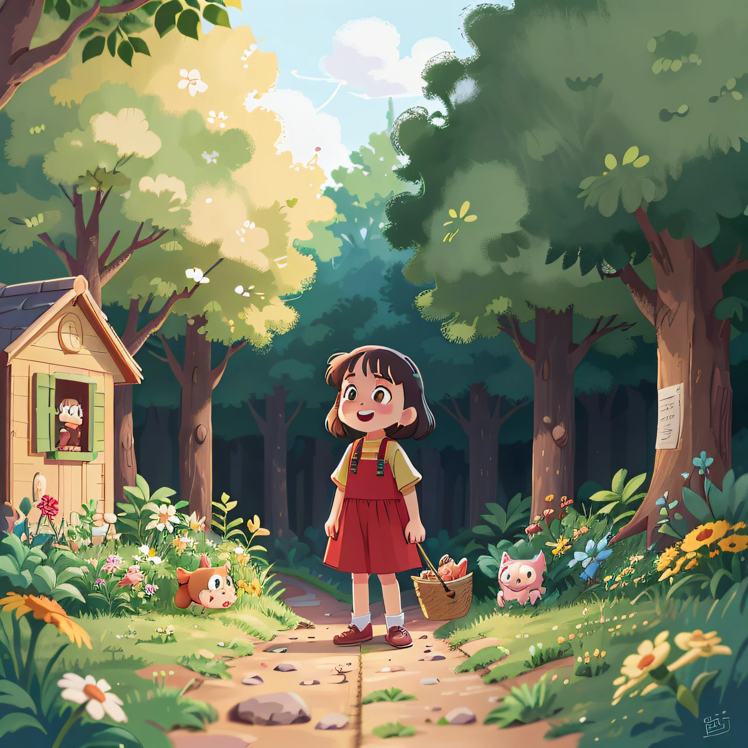 2 Happy child girl. Bucolic style. Women's children's clothing. cor amarela |. Arte simples. Ghibli Style Studio. Estilo personagem moranguinho. Com 3 morangos em uma  cesta.