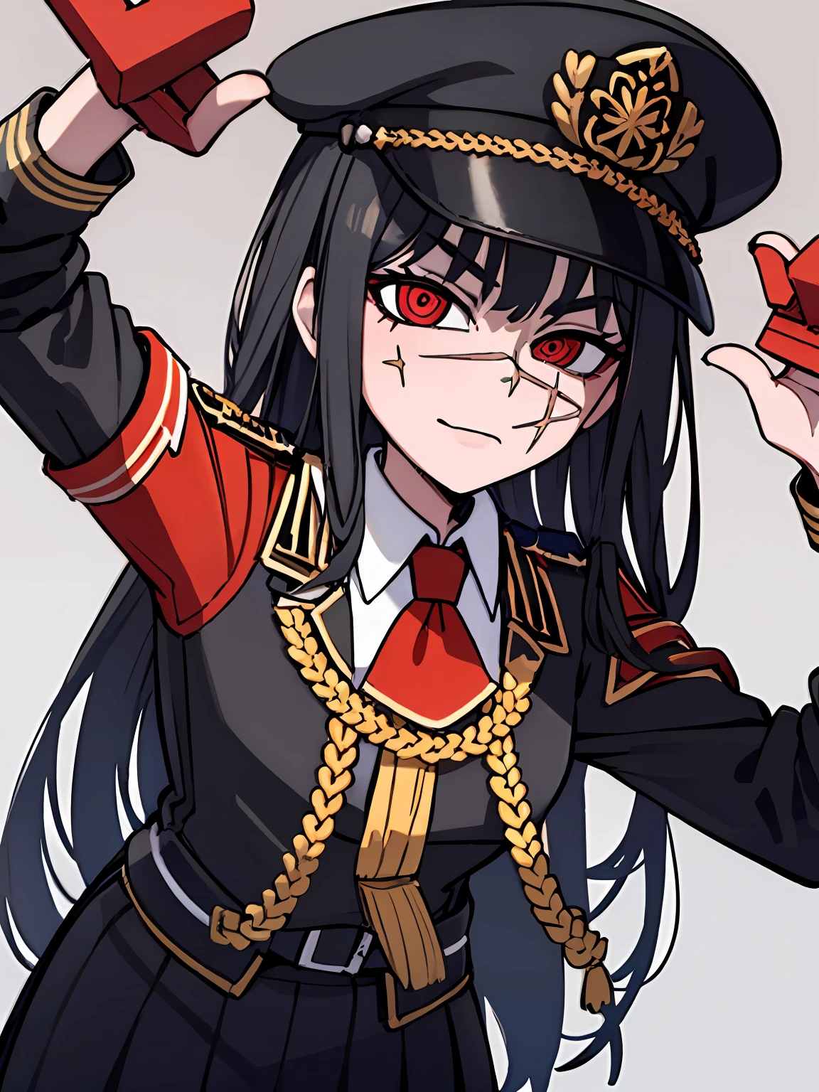 (masterpiece, best quality: 1.2), Solo, 1girl, Yoru \(Chainsaw Man\), looking at the viewer, different poses, red eye, long hair, completely black hair, reference to clothing of a German WWII general, black long sleeves (best quality), scar on face, beautiful eyes, has only 2 arms, has war medals on his clothes,  Black Military Cap, Golden Eagle Medal on Clothing, (Wallpaper), (8K HD), (8K HD), Golden Shoulder Pads, Sprites, 1 Single Design (obra maestra, mejor calidad: 1.2), Solo, 1girl, Yoru \(Chainsaw Man\), mirando al espectador, sonrisa, feliz, diferentes poses, cuerpocompleto, cuerpo dentro de la vision de la foto, ojos rojos, cabello largo, cabello completamente negro, reference to clothing of a German general from World War II, mangas largas negras (mejor calidad), cicatriz en la cara, hermosos ojos, tiene solo 2 brazos, tiene medallas de guerra en su ropa, Gorra militar negra, Golden Eagle Medal in Dress, (fondo de pantalla), (8K HD), (8K HD), hombreras doradas, sprites, 1 single design