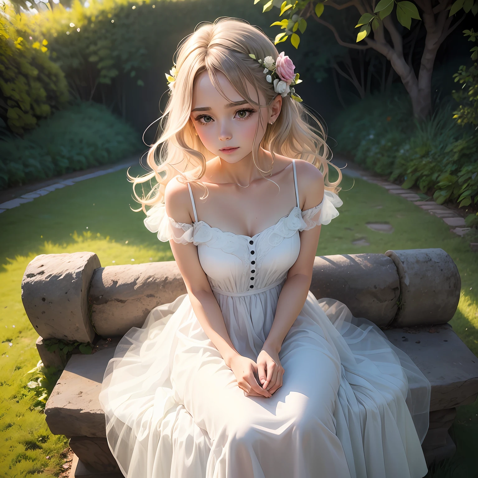 1girl, 30 anos, cabelos castanhos, ondulados, de vestido longo de organza, tulle, no jardim, rosas, flores, com olhar apaixonada, romantico, love, dress lime green, vestido longo, satin