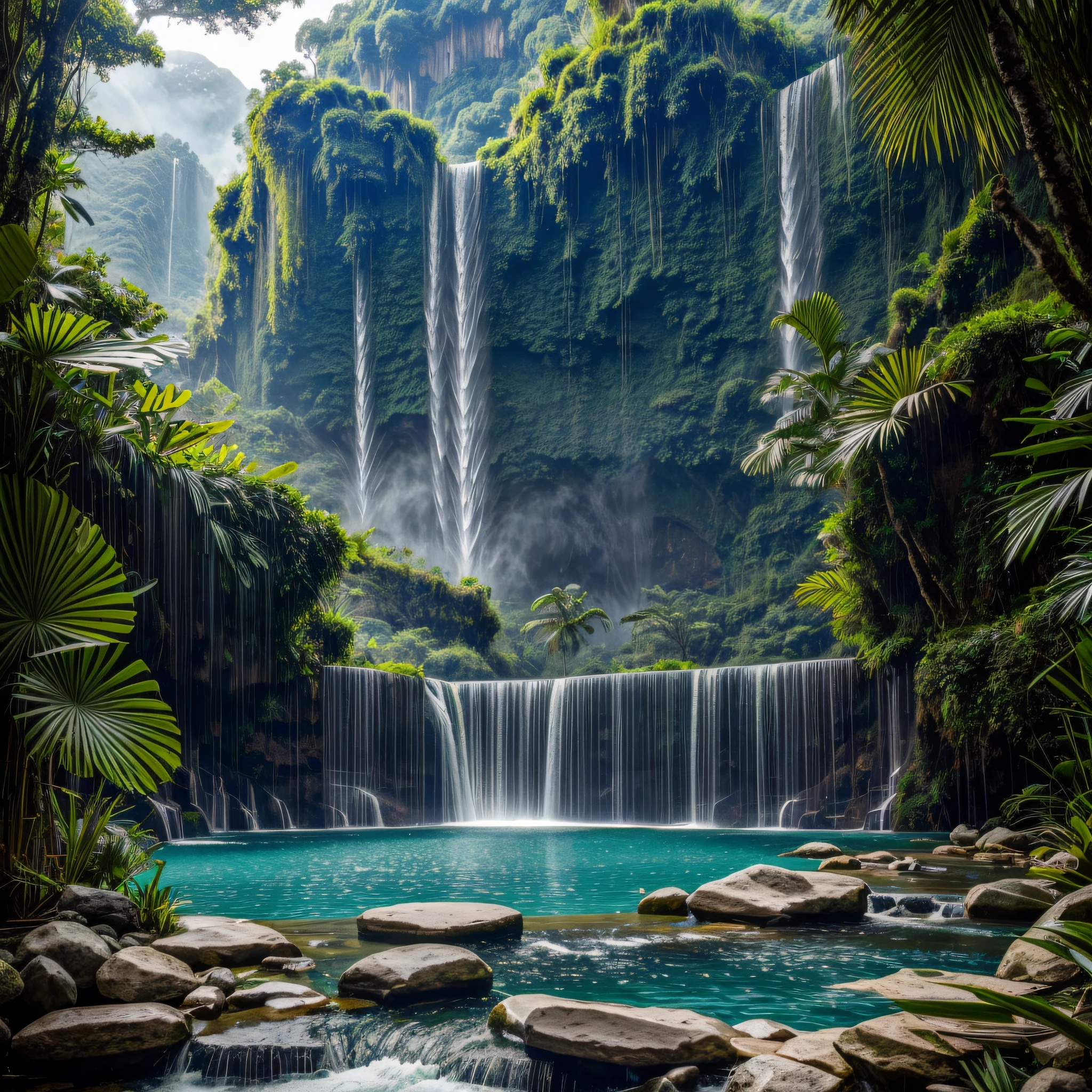 arafed living room with a view of a pool and a waterfall, a detailed matte painting inspired by Fabien Charuau, trending on cg society, renaissance, mountainous jungle setting, jungle setting, dense with greenery, lush jungle, in a jungle environment, relaxing environment, amidst of nature fully covered, lush environment, lush and green, inside an alien jungle