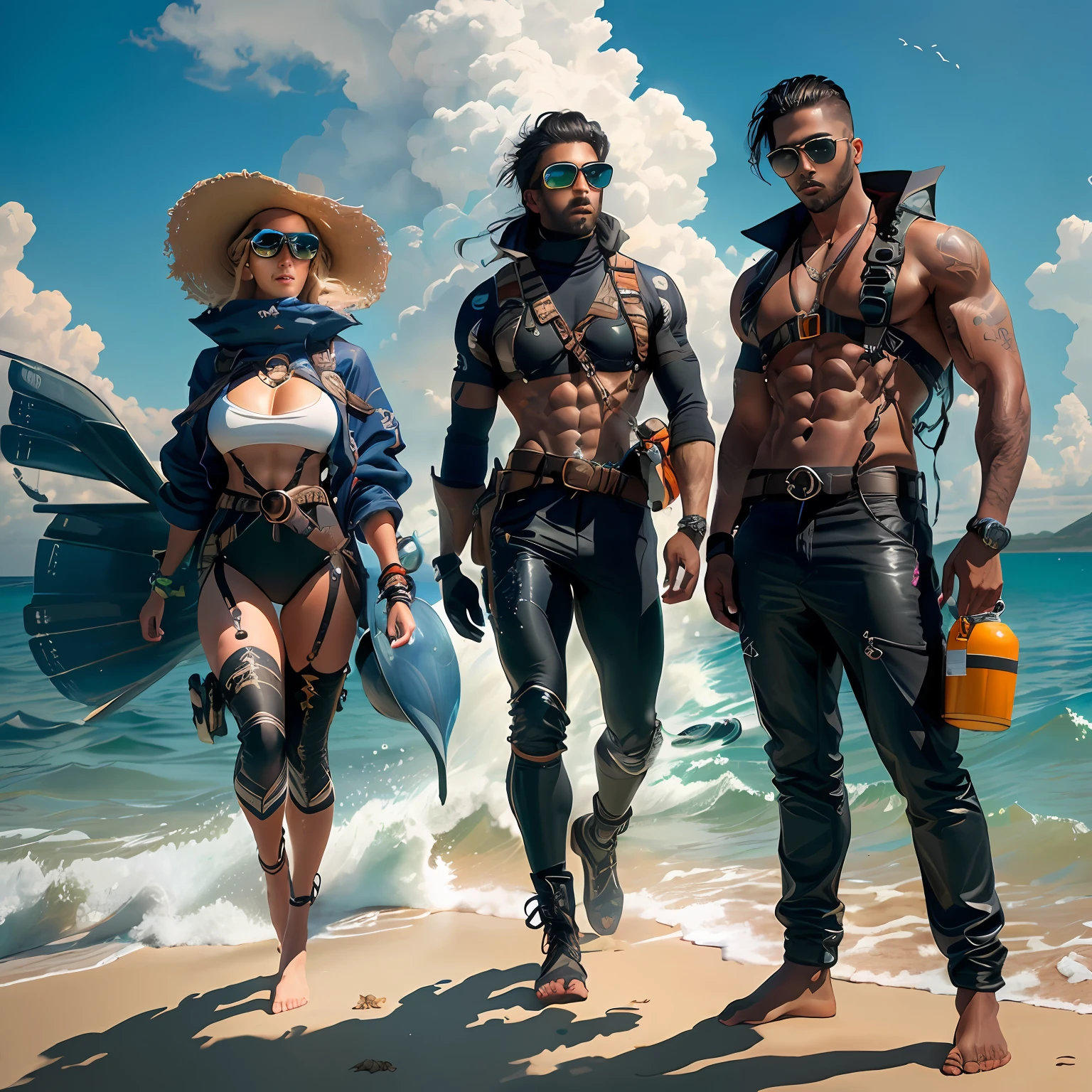 A man with six-pack abs by the sea,There is a bikini beauty behind her,There are shells on the beach,buoy,There are ships on the sea,beautiful weather,photorealestic,Ultra photo realsisim