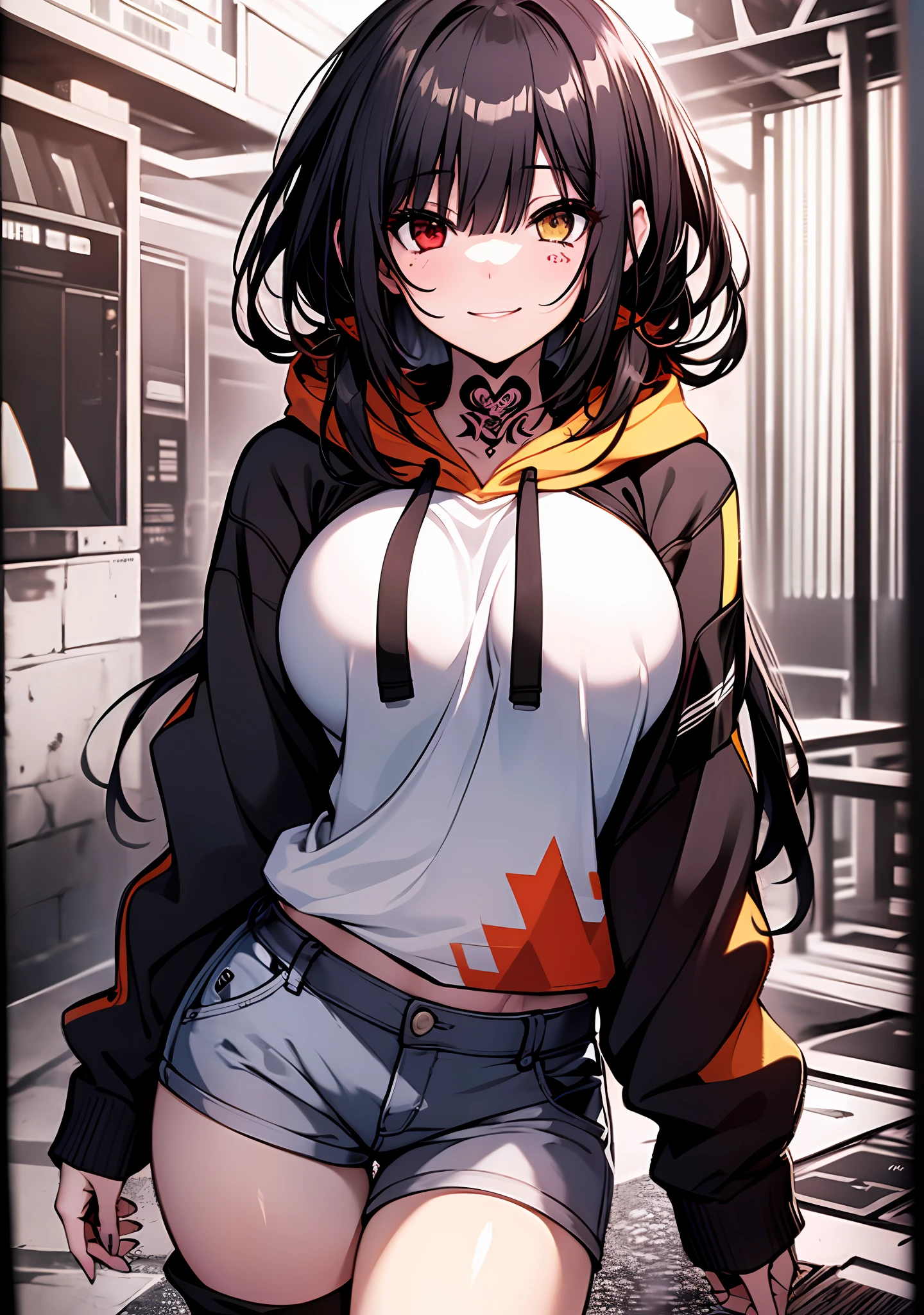 Masterpiece, high quality, ultra quality, best lighting, 1girl, ((tokisaki kurumi)), long hair, black hair, (((low twintails))), monochrome, ((right red eye:1, left yellow eye:1)), Hoodie, ((mini Hoodie)), hood on head, ((short pants)), ((big breast)), ((big thigh)), smile, blush, cute face, ((gesugao face)), standing, sexy body, sexy, tattooed full body, tattooed face, (((tattooed))),looking at viewer, large the breast, nsfw, (((mountain)))