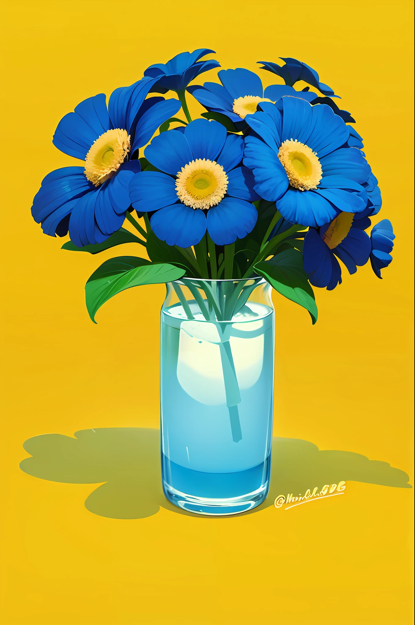flatflower, no humans, flower, simple background, plant, blue flower, leaf, white flower, bouquet, signature, still life, yellow background