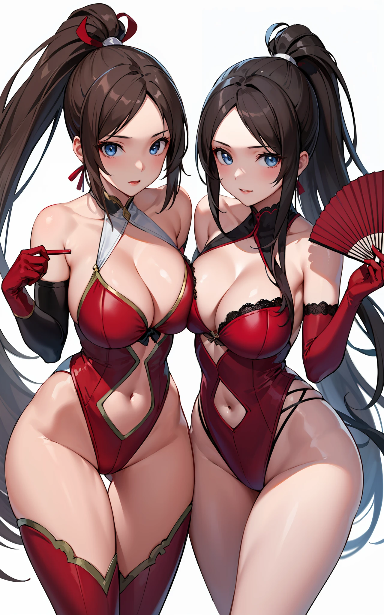 masterpiece, best quality, (realistic, 2girls, duo, identical twin sisters, beautiful face, detailed face, beautiful eyes), (breasts), thighs, long hair, ponytail, breasts contains, (red wear), bare shoulder, elbow gloves, skirt curtain, hand fan,
