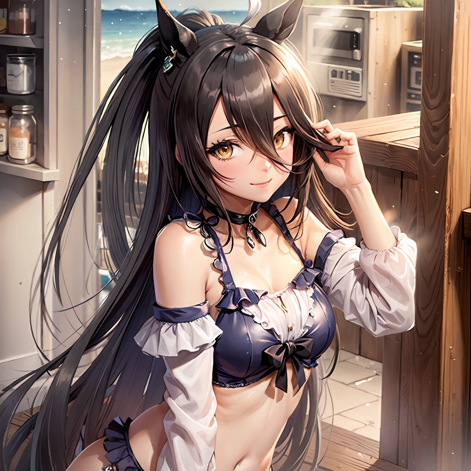 ((masutepiece, Best Quality)),(1girl,solo:1.2),Manhattan Cafe,horse girl,horse ears,hair_between_eyes,ahoge,long_hair, black_hair,yellow_eyes,(swimsuit:1.2),(ribs:1.1),small breasts,upper body,smile,sea,
