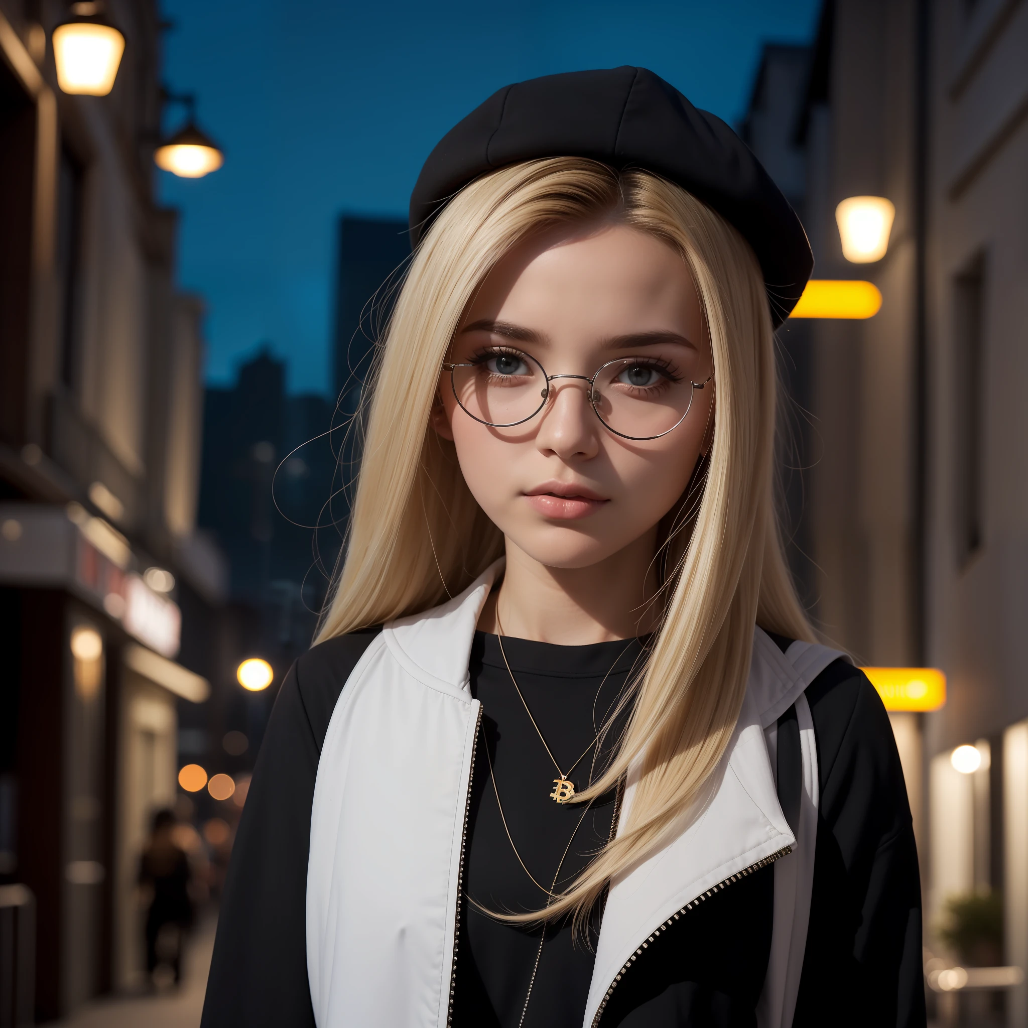 bonita de 15 anos com cabelo branco longo e com grandes olhos azuis bem juntos horizontalmente ao nariz ,rosto com formato redondo, com bochechas rosadas, com jaqueta preta,blusa preta,de batom vermelho,de oculos,with cord with bitcoin symbol ,black cap in 100k resolution, in a city at night full of buildings illuminated with blue and red lights