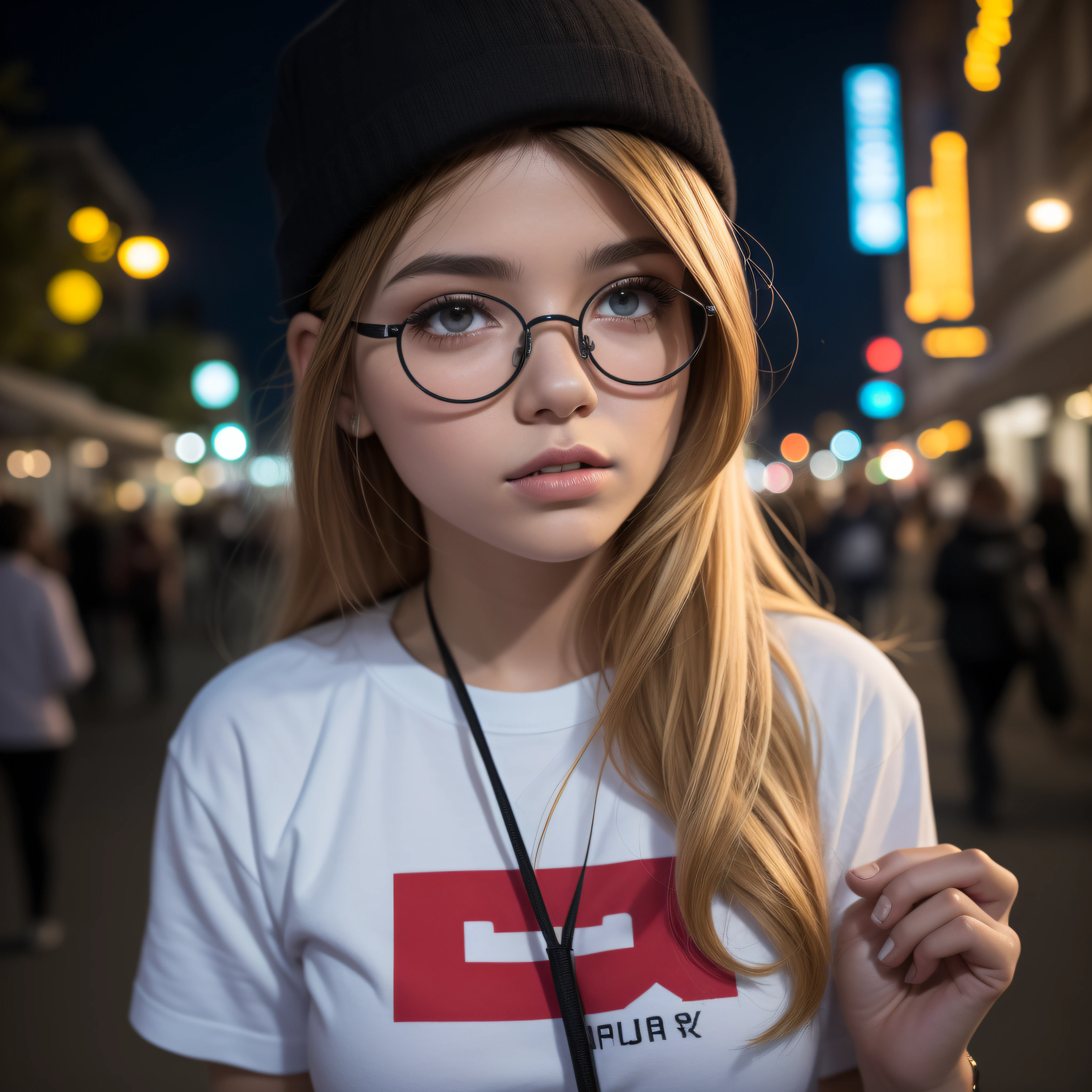 menina bonita de 15 anos com cabelo branco longo e com grandes olhos azuis bem juntos horizontalmente ao nariz ,rosto com formato redondo, com bochechas rosadas, com jaqueta preta,blusa preta,de batom vermelho,de oculos,with cord with bitcoin symbol ,black cap in 100k resolution, in a city at night full of buildings illuminated with blue and red lights