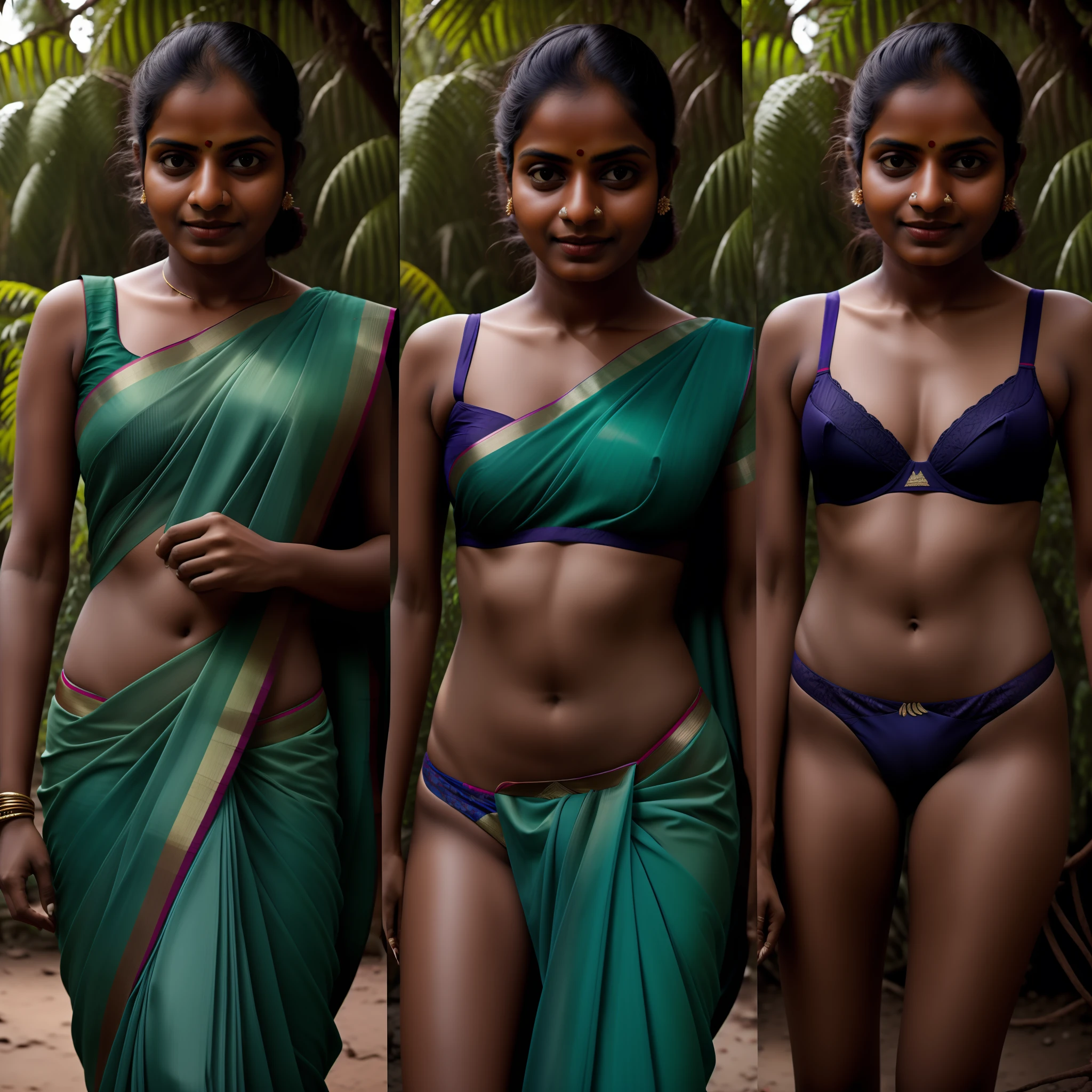 (Split screen:1.0),A Kerala woman women wearing a saree undressing to her underwear, multiple photographs of different angles, (photorealistic:1.2), bright.lighting, outdoors,face visible in all photos, daytime