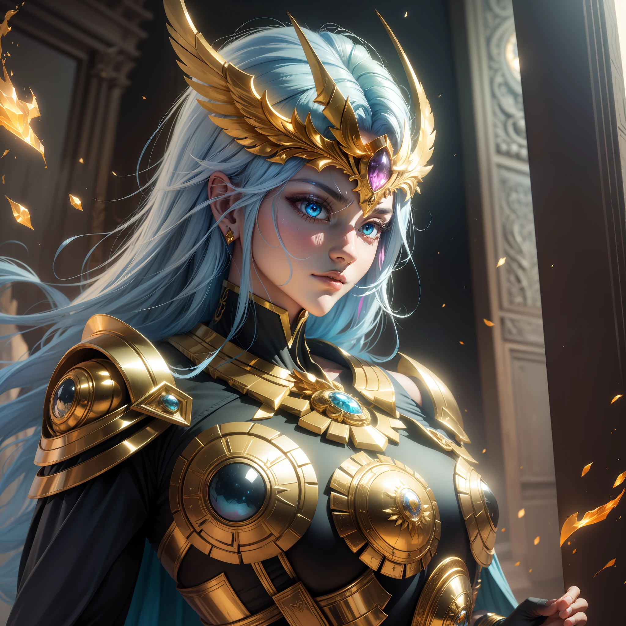 (extremely detailed CG unity 8k wallpaper,masterpiece, best quality, ultra-detailed),best illumination,an extremely delicate and beautiful,soulful,colorful shoulder armor, shine, unique face,coruscating Athena's golden sacred object,calm expression,moonlit blue glowing hair,ornate helmet, fiery cosmos, mythological spirits, eternal struggle, Os Cavaleiros do Zodíaco Saint Seiya.