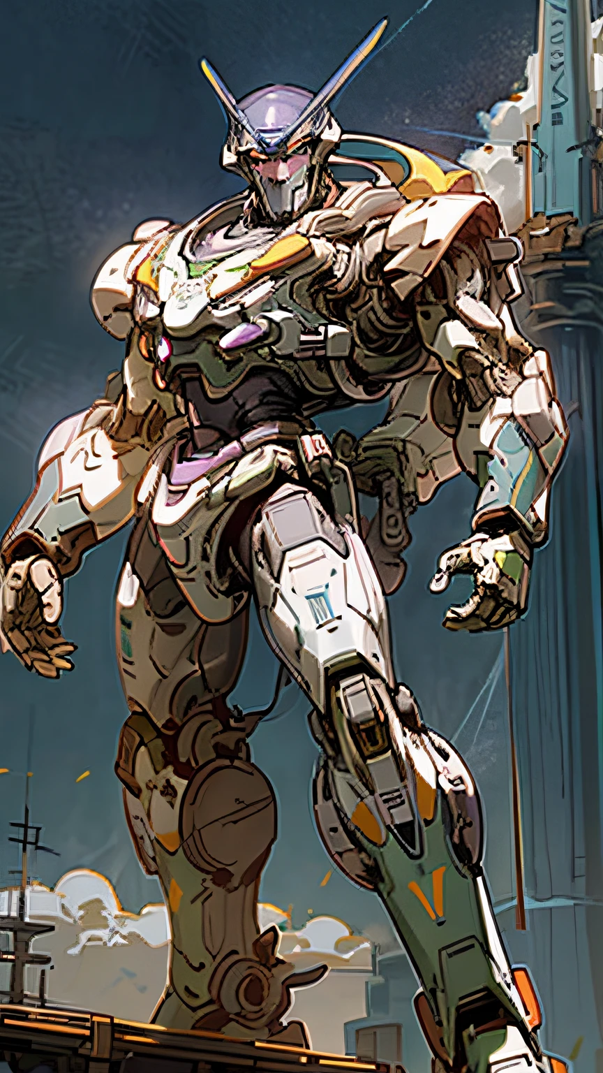 heaven, nuvens, propriedade_arma, DDIM_HumaNãos, brilho nos olhos, mecha robot face, ((Buzz lightyear Mecha)) Tropa Estrela, green and purple pieces, arquitetura, scientific fiction, Cidade, realidade, [obra prima] bem detalhada, 4k