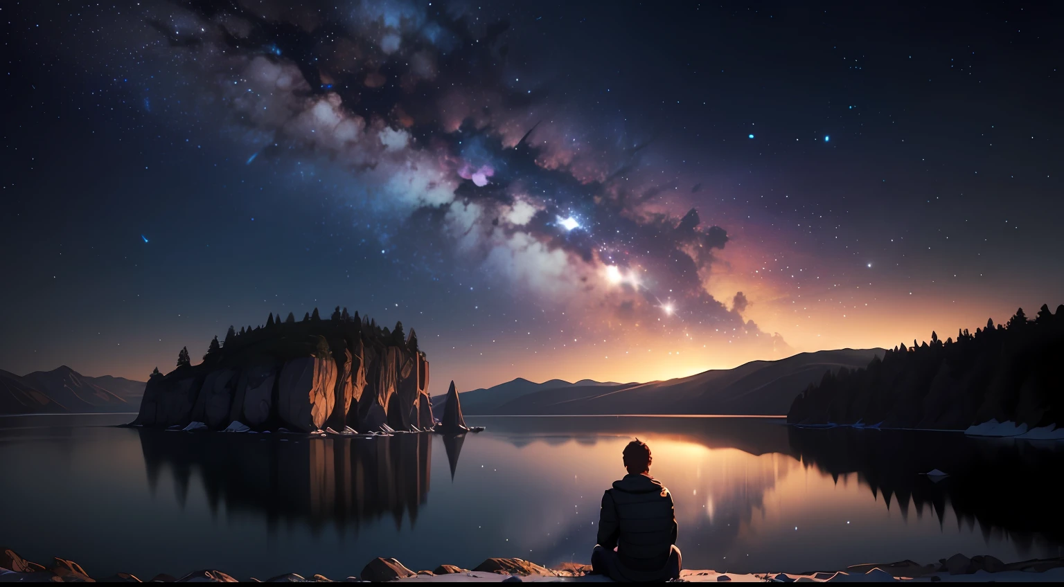 Night scene under a starry sky: Imagine uma paisagem noturna, where a solitary individual finds himself in the midst of a vastness of unspoiled nature. The sky is dotted with bright stars, as the Milky Way extends majestically above. The character is sitting on a cliff, olhando para o horizonte distante, reflective in his loneliness. --auto