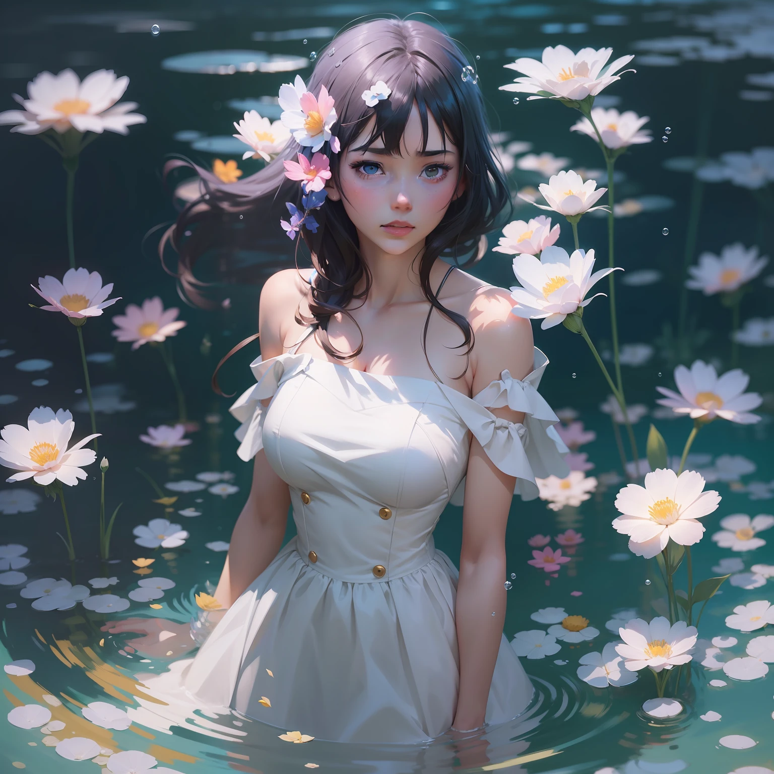 Anime girl in white dress standing in water with flowers, Artgerm e Atey Ghailan, Arte no estilo de Guweiz, Arte digital Ilya Kuvshinov, inspirado em Ross Tran, Beautiful digital illustration, No estilo de Ross Tran, Ilya Kuvshinov. 4 mil, Digital anime illustration, deviantart artstation cgscosiety