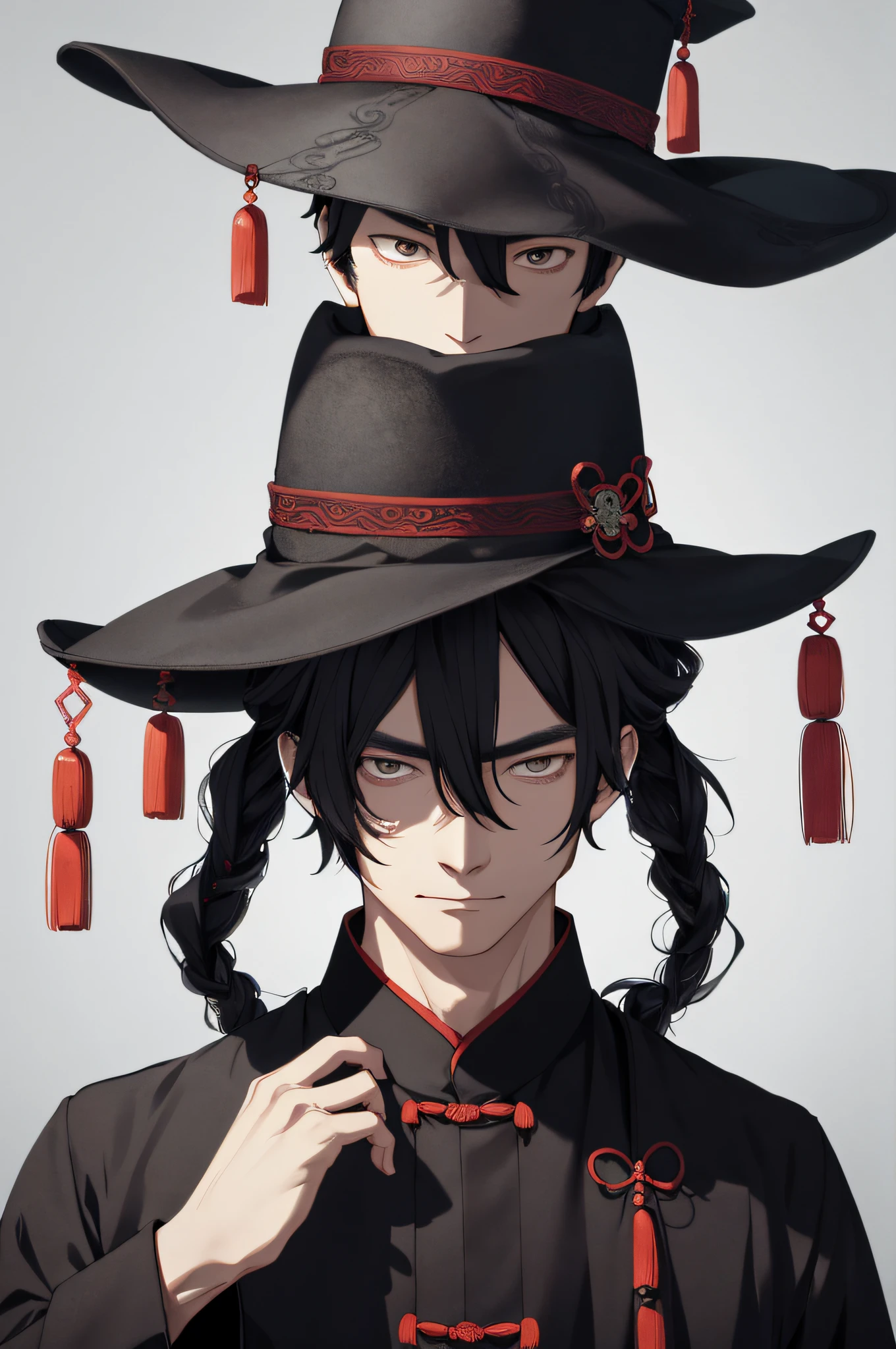 Ancient Chinese men,middle aged man,Dressed in black,Big black hat,Shadows cover half of the face,Sinister eyes,realisticlying,(tmasterpiece,top Quority,best qualtiy,offcial art,),The is very detailed,Most detailed,,(1boy:1.3),Kamimei,Black color hair,mistic