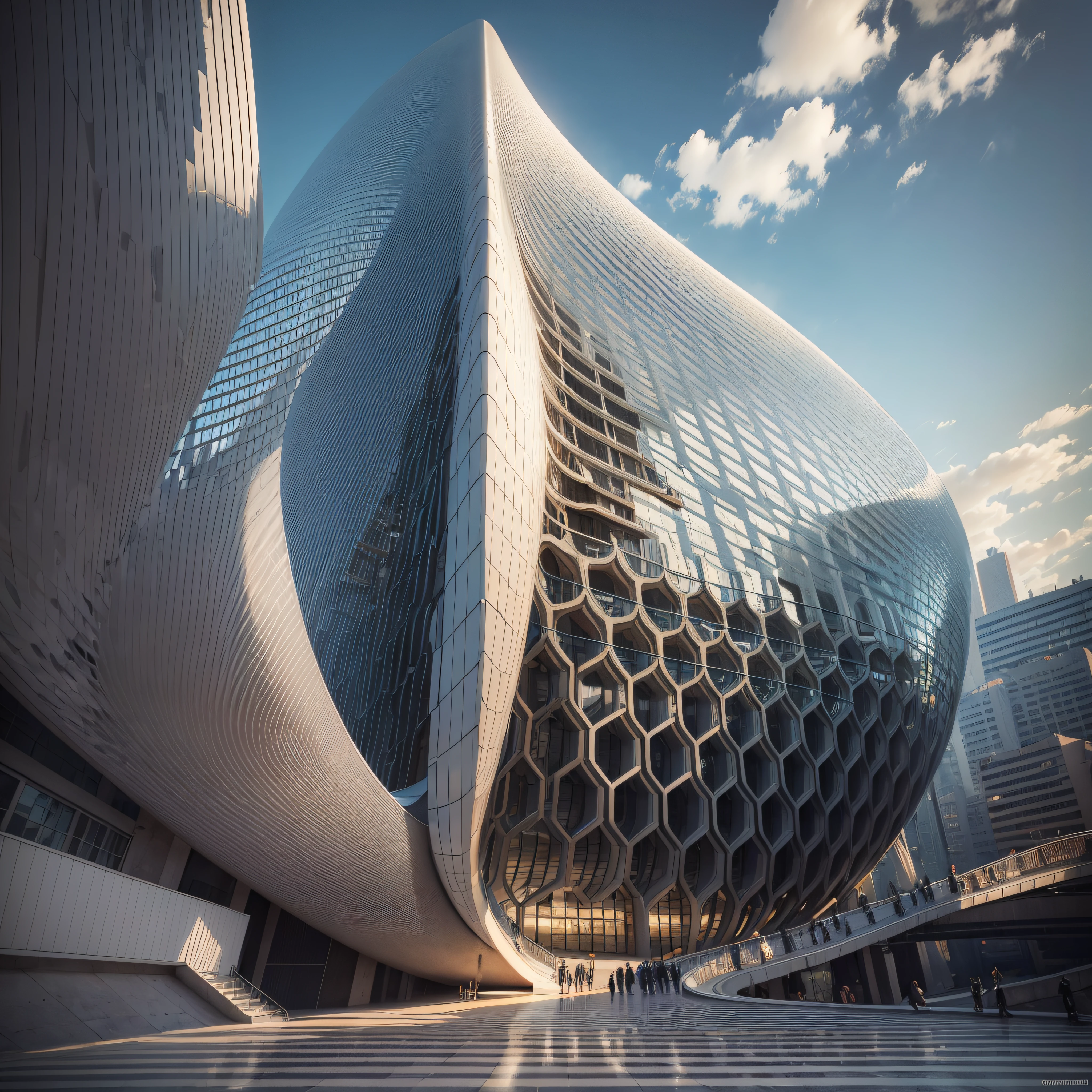 obra-prima, melhor qualidade, Um moderno, Futuristic palace looks like a giant twisted ribbon, curvando-se e girando em torno de si mesmo. It is made of glass and steel, refletindo a luz e a paisagem circundante. No windows or doors, just openings that lead to different levels and sections. It is a masterpiece of architecture and engineering, an impressive example of creativity and innovation.