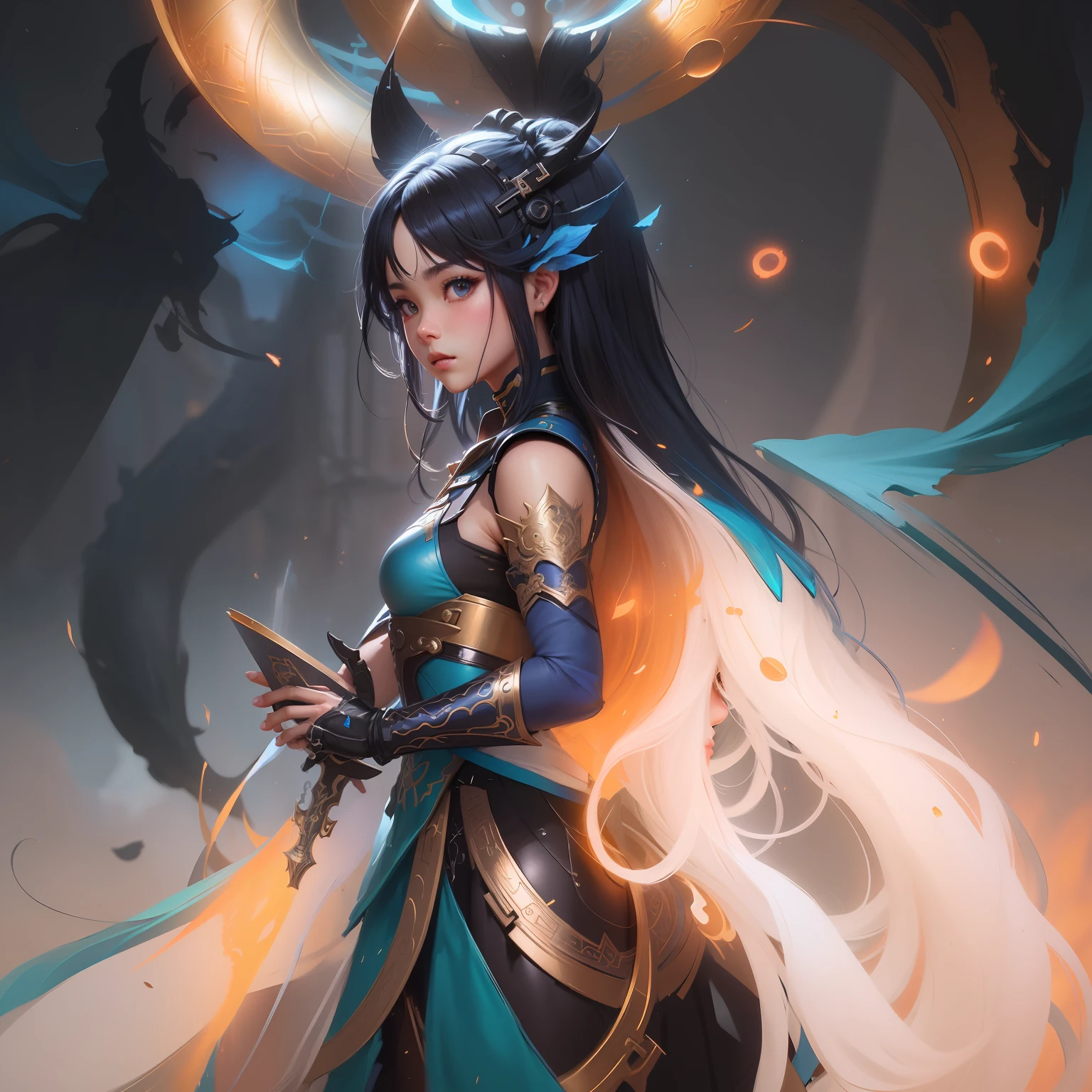 Menina anime com cabelo preto longo e um vestido azul segurando uma espada, Ruan Jia e Artgerm, Artgerm e Ruan Jia, por Yang J, Por Ruan Jia e Stanley Artgerm, Mago Celestial Lindo, Artgerm e Atey Ghailan, Xianxia de corpo inteiro, Chengwei Pan em ArtStation, Artgerm extremamente detalhado