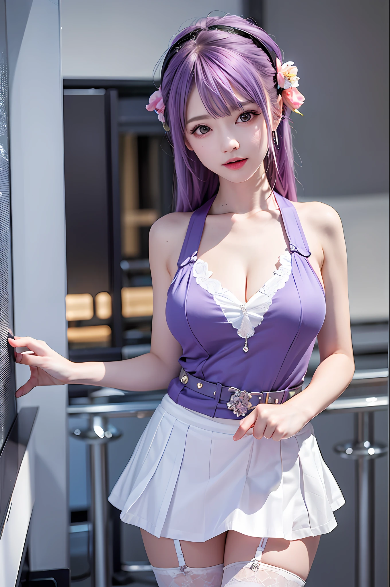 (best qualityer、Exquisite:1.2)、超高分辨率、realisticlying、forward light、The details are complex、Exquisite details、The texture is exquisite、1 mature mature girl(rosette)、Alone、、、、(年轻、、Absolutely lovely、)、face highlight、plumw、A detailed face、white skinned、Pink and purple hair、looki at viewer、largeeyes、Silk lace dress(white skirt),White suspender stockings,耳Nipple Ring、Oversized breasts、slimfigure、Deluxe Room、Professional lighting、photon maping、Radio City、physically-based renderingt、Pull up the skirt、Lift the hem of the skirt、full bodyesbian