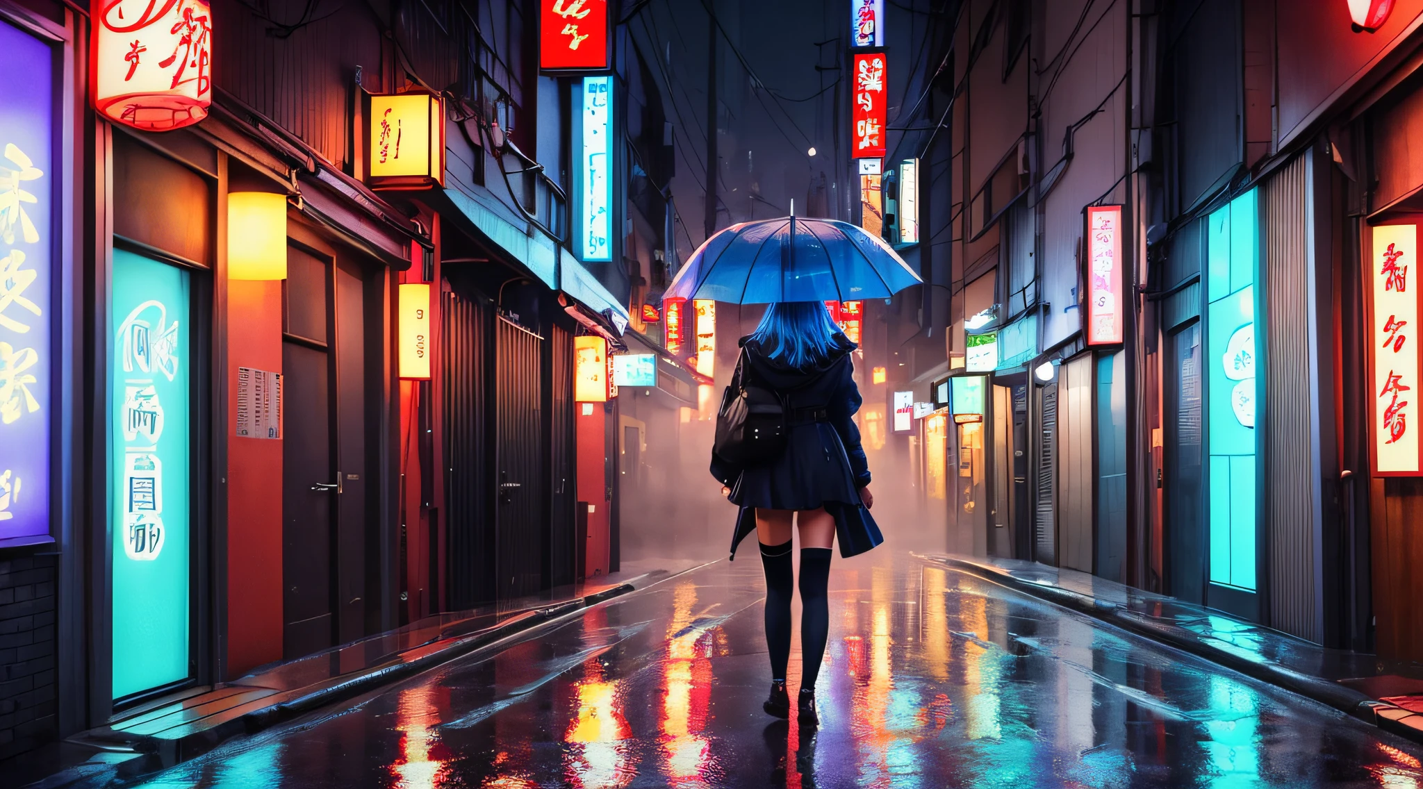 (best quality, masterpiece: 1.3), 1girl, rainy day, fog, alley, umbrella holding, large and transparent umbrella, looking at the viewer, blue hair, facing the photo, cyberpunk city, alone in the alley, neon in the alley, very reflective city, long hair, sized strands going over the alley, bars, Japan, Tokyo, garter belt on one leg, knee pad on the other leg, perfect hand, delicate, night --auto