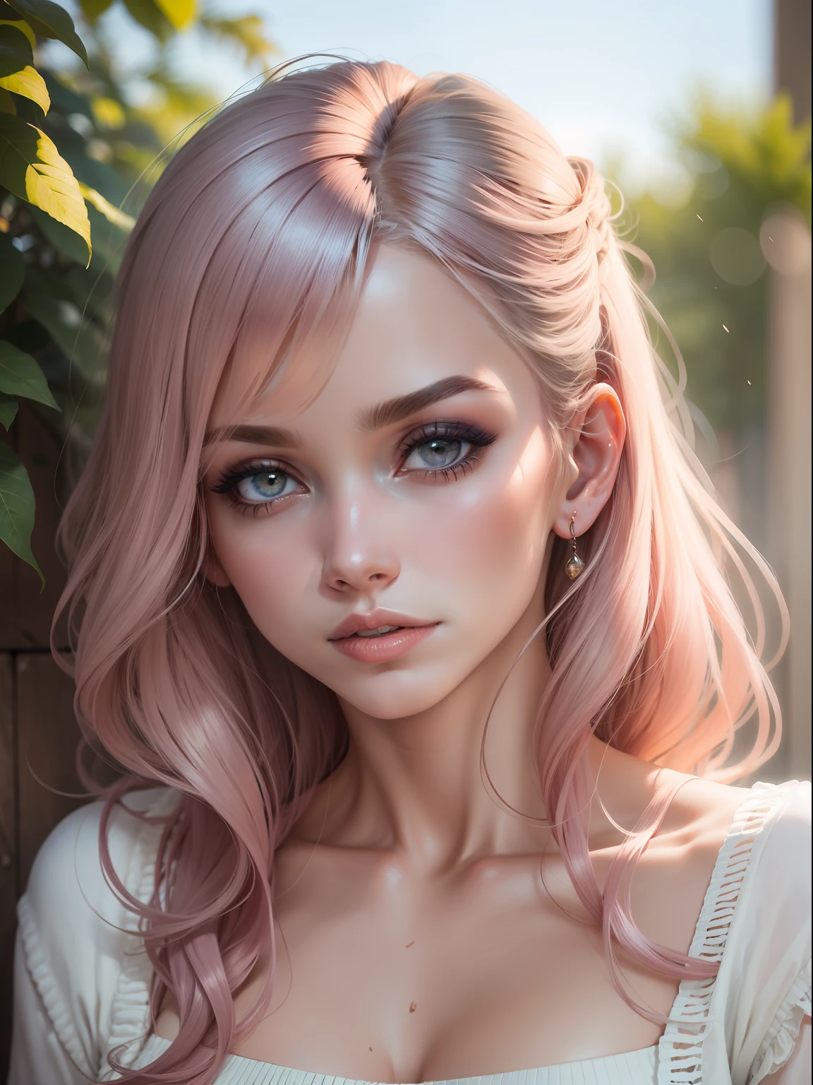 Retrato do busto de uma mulher incrivelmente bonita com um rosto delicado de porcelana, cabelo loiro platinado, olhos castanhos, camisa rosa, mini saia rosa, na varanda, morning, ambiente suave e leve
