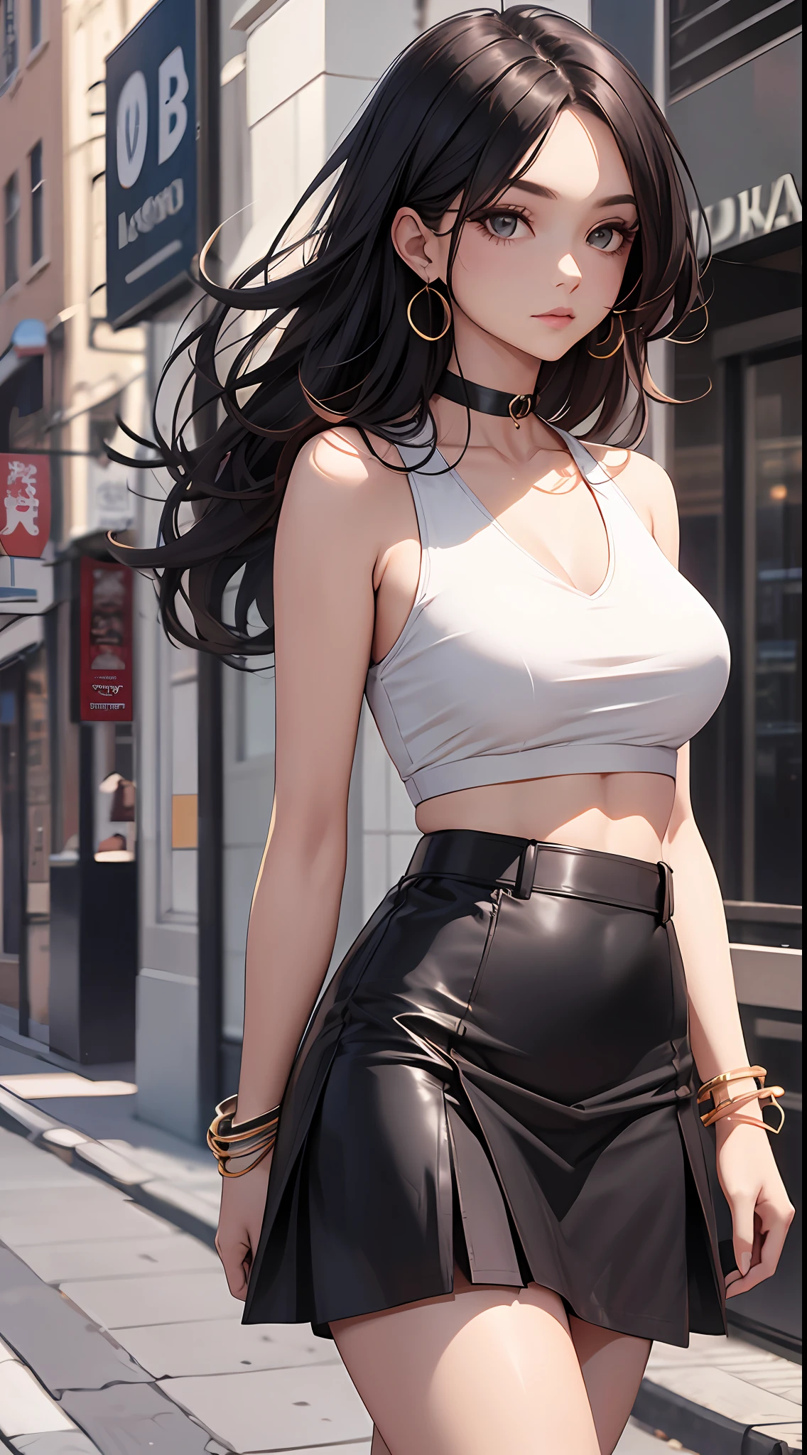 beautiful, stylish slim girl, sharp jawline, model, wearing a loose sleeveless cropped top, american armhole short black skirt, choker, shoulder length ruffled hair, bracelets,