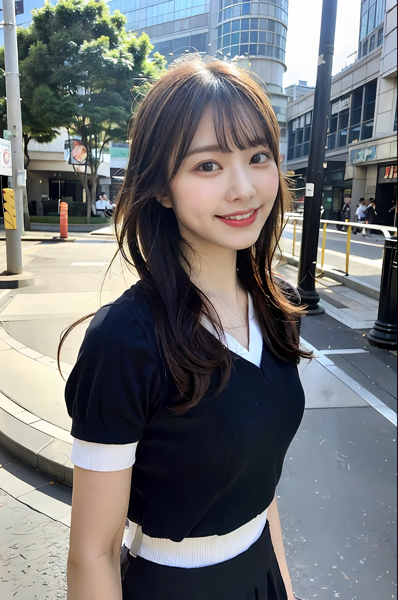 Ultra top quality, masterpiece, ultra high resolution, (photorealistic: 1.4), highly detailed CG Unity 8k wallpaper, detailed and complex, original, high resolution, raw photo, (perfect body shape), fine and complex, DSLR, soft lighting, high quality, film grain, depth of field, FUJIFILM XT3, 50mm lens, backlight, HDR, hyperreal, color grade, dynamic pose, portrait, Japan person, smile, lips, bangs, (crowded akihabara: 1.2), front view viewer, natural light, girl, 20 years old, full body, solo, student, high school, uniform, sailor color, bobby socks, pleated skirt, daytime, on the street, deep shadow, cute, beauty, discreet, cold light 12000K\\ street, store status, Akihabara, Shinjuku, Shibuya, Ikebukuro, detailed realistic, detail, skin texture, ultra detailed, realistic skin texture, (dramatic, award-winning photos, incredible masterpieces: 1.3)