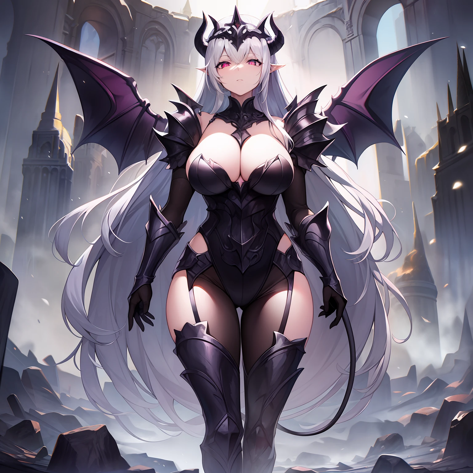 Female gargoyle, 27 years old, chica hermosa, largo cabello lila blanco, piel completamente blanca, orejas puntiagudas, cuernos de piedra, Gothic stone armor, ojos color guinda, garras de piedra, grandes alas de roca, semblante serio, mirada arrogante, caminando en un campo devastando en una intensa lluvia de lava explosiva, melancholic environment, Paladin Demon, Gothic princess, gotica}