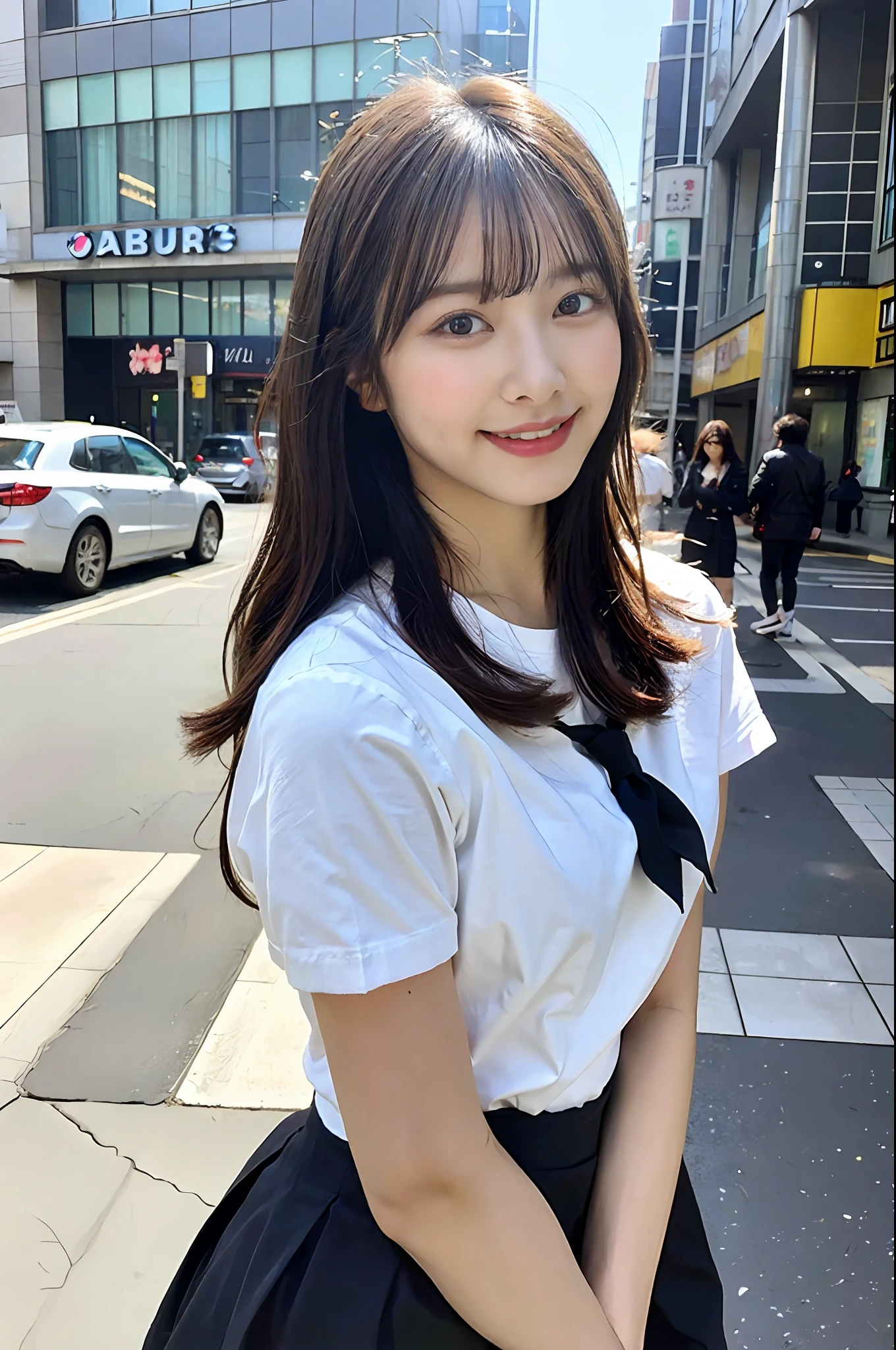 Ultra top quality, masterpiece, ultra high resolution, (photorealistic: 1.4), highly detailed CG Unity 8k wallpaper, detailed and complex, original, high resolution, raw photo, (perfect body shape), fine and complex, DSLR, soft lighting, high quality, film grain, depth of field, FUJIFILM XT3, 50mm lens, backlight, HDR, hyperreal, color grade, dynamic pose, portrait, Japan person, smile, lips, bangs, (crowded akihabara: 1.2), front view viewer, natural light, girl, 20 years old, full body, solo, student, high school, uniform, sailor color, bobby socks, pleated skirt, daytime, on the street, deep shadow, cute, beauty, discreet, cold light 12000K\\ street, store status, Akihabara, Shinjuku, Shibuya, Ikebukuro, detailed realistic, detail, skin texture, ultra detailed, realistic skin texture, (dramatic, award-winning photos, incredible masterpieces: 1.3)