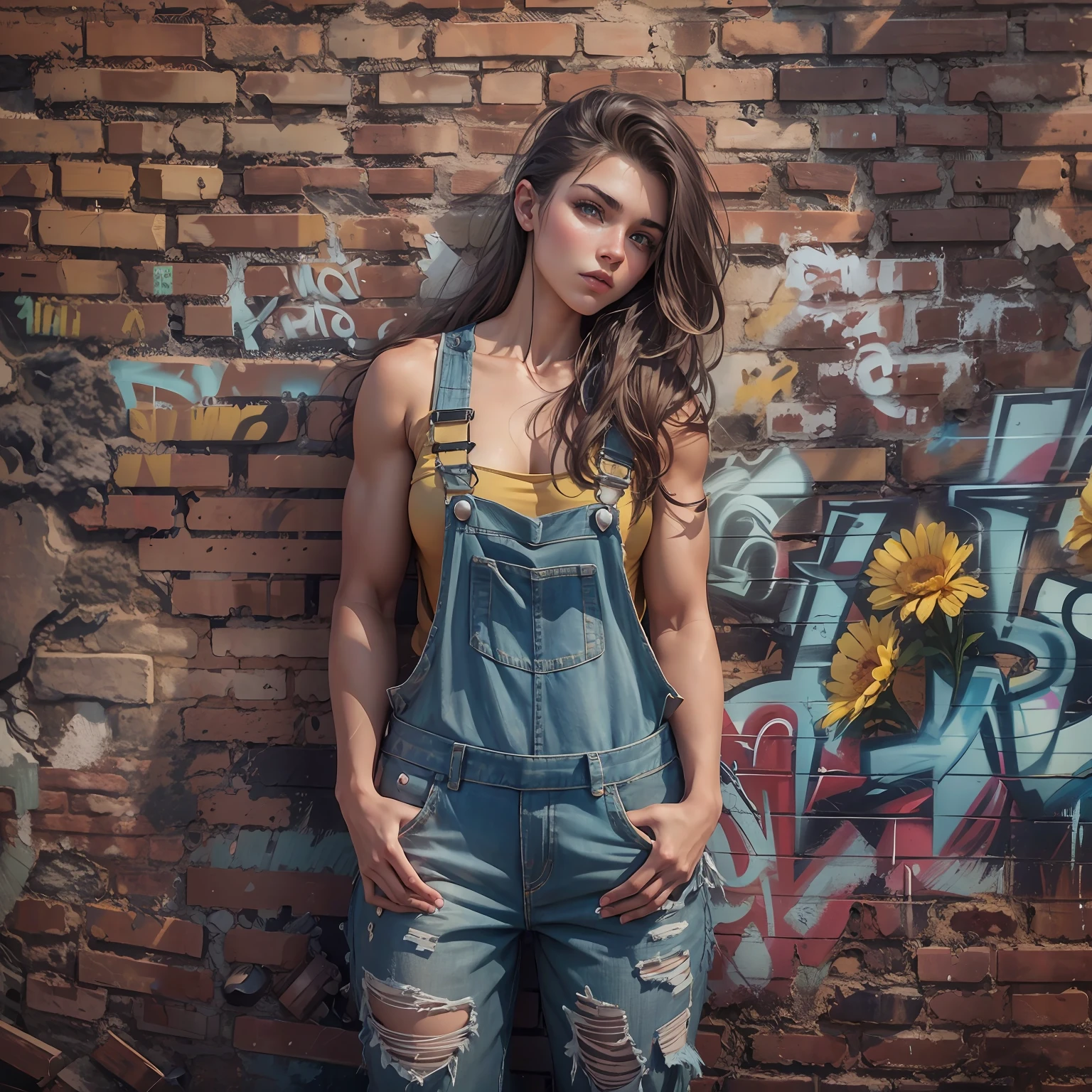 Arafed woman in overalls standing in front of a brick wall - SeaArt AI