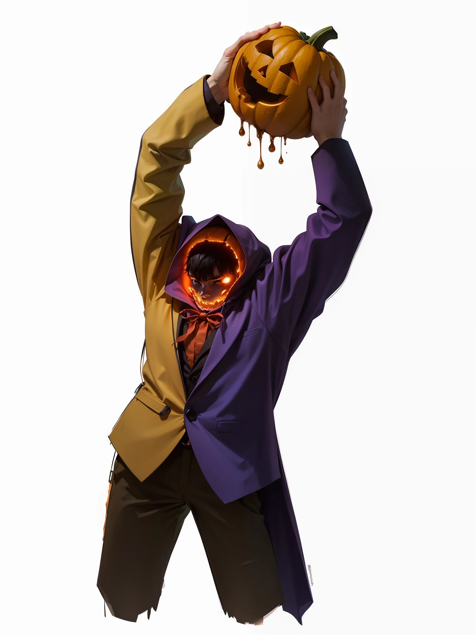 Boy with a pumpkin head and an orange and purple suit in the dark forest