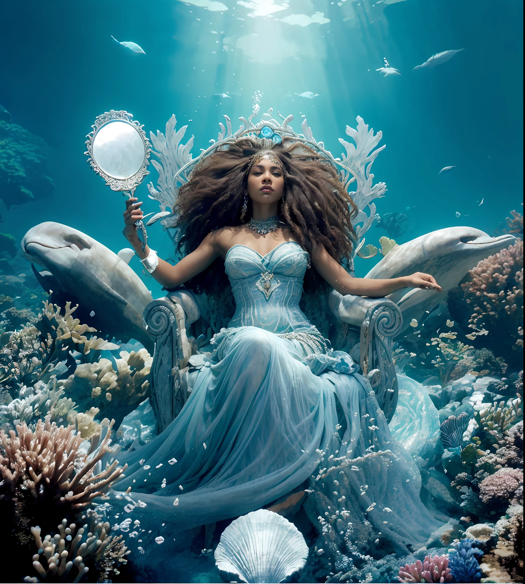 Sereia negra com cabelos longos sentada em uma rocha cercada por golfinhos, rainha dos oceanos, Deusa do Oceano, sitting in her throne underwater, Deusa do Mar, Rainha do Mar, Retrato da rainha sereia, yemaya, queen of atlantis, Retrato da sereia negra, beautiful animal pearl queen, cabelo natural, retrato realista, 4k, detalhe supremo, altamente detalhado, artstation, suave, foco nítido, cinematic lighthing, Facing the camera squarely, studio dark, rim lighting, dual-tone lighting,