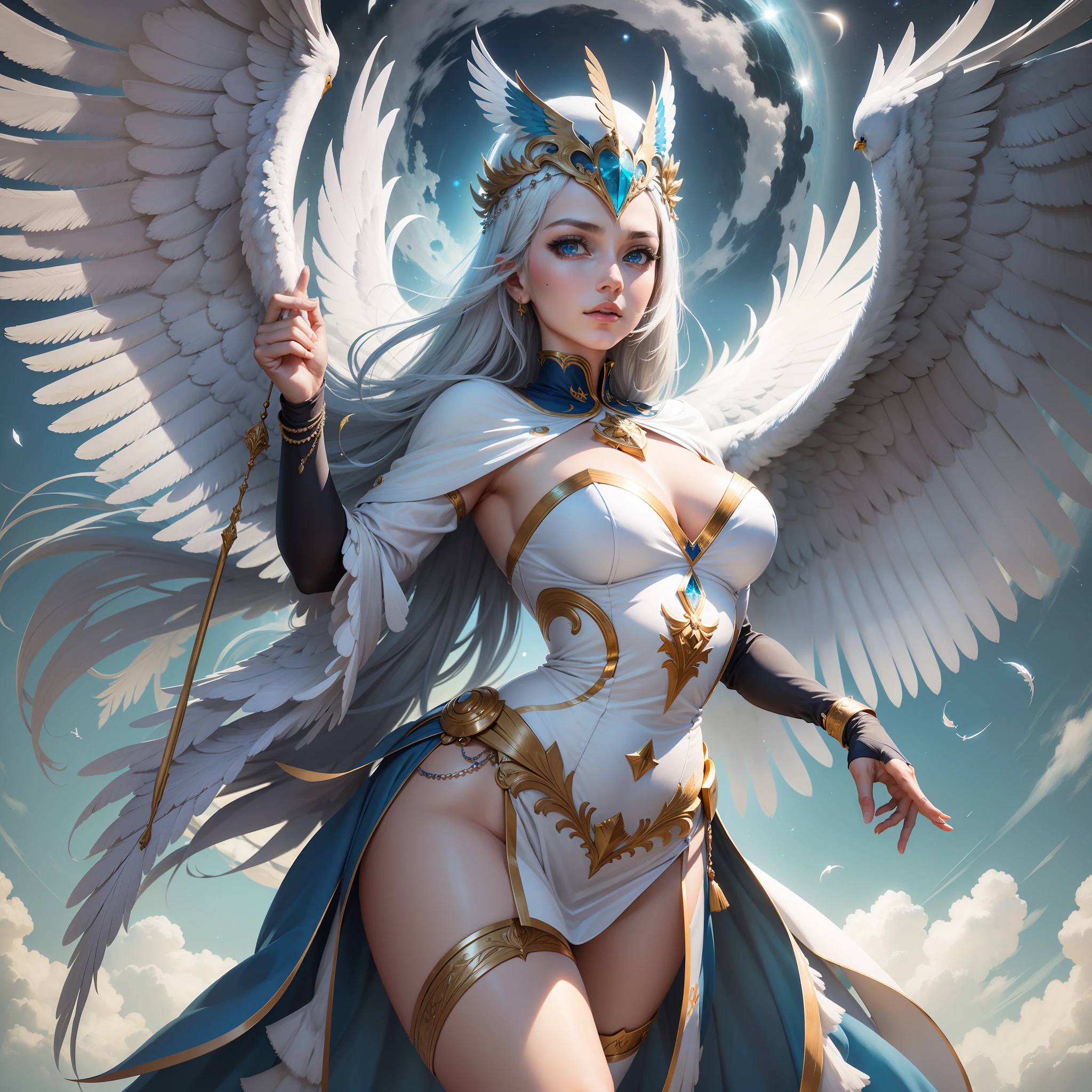 aarakocra majestosa, com penas brilhantes e olhos penetrantes. Sua plumagem varia de tons de azul, branco e prateado, reflecting the purity of the heavens. She is elegant and agile in her movements, demonstrating grace and authority.