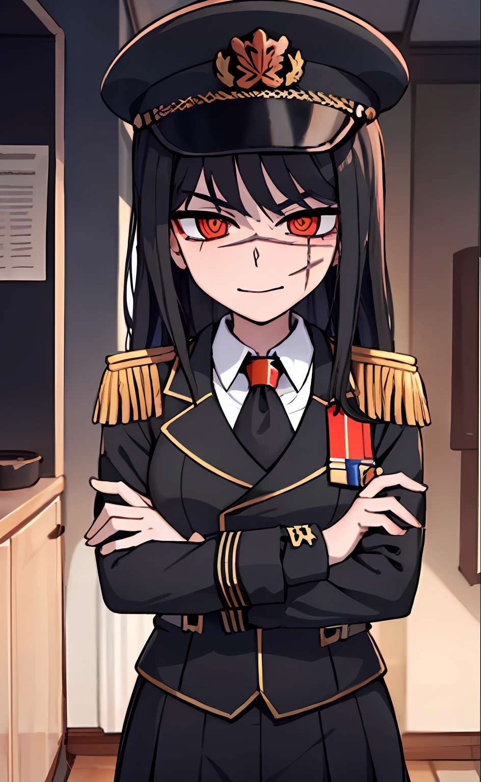 (masterpiece, best quality: 1.2), Solo, 1girl, Yoru \(Chainsaw Man\), looking at the viewer, different poses, red eye, long hair, completely black hair, reference to clothing of a German WWII general, black long sleeves (best quality), scar on face, beautiful eyes, has only 2 arms, has war medals on his clothes, Black Military Cap, Golden Eagle Medal on Clothing,  (Wallpaper), (8K HD), (8K HD), Golden Shoulder Pads, Sprites, 1 Single Design (masterpiece, best quality: 1.2), Solo, 1girl, Yoru \(Chainsaw Man\), looking at the viewer, smile, happy, different poses, red eye, long hair, completely black hair, reference to clothing of a German WWII general, black long sleeves (best quality), scar on face,  beautiful eyes, has only 2 arms, has war medals on his clothes, black military cap, golden eagle medal on clothing, (wallpaper), (8K HD), (8K HD), (8K HD), golden shoulder pads, sprites, 1 single design