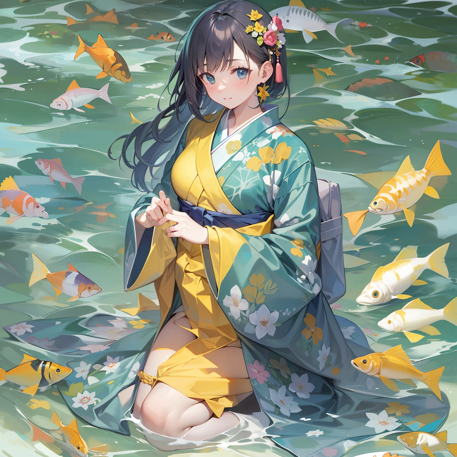 ((Masterpiece)), (Best Quality), Amelia Watson,amelia_kimono, blue kimono, yellow hakama, fish print, (NSFW: 1.5), full body, solo
preparing