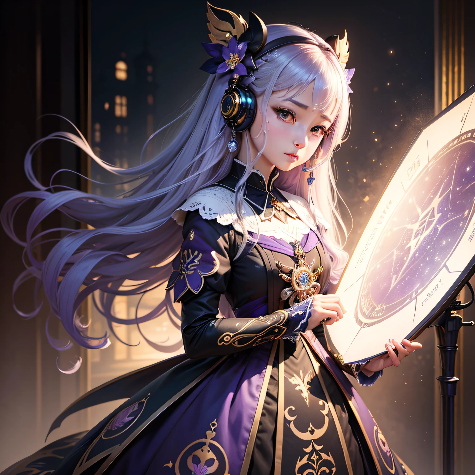 official arts, Unity 8k обои, Ultra Detailed, Beautiful and aesthetically pleasing, tmasterpiece, beste-Qualit, realisti, a closeup of a, Skindentation, Astrologist Mona Megistus is a character in Genshin Impact. , Interface headset, Purple ta-style dress, A detailed eye, detailized face, Detailed hair, Galaxy in the background, straight, looking a viewer, Glossy --auto