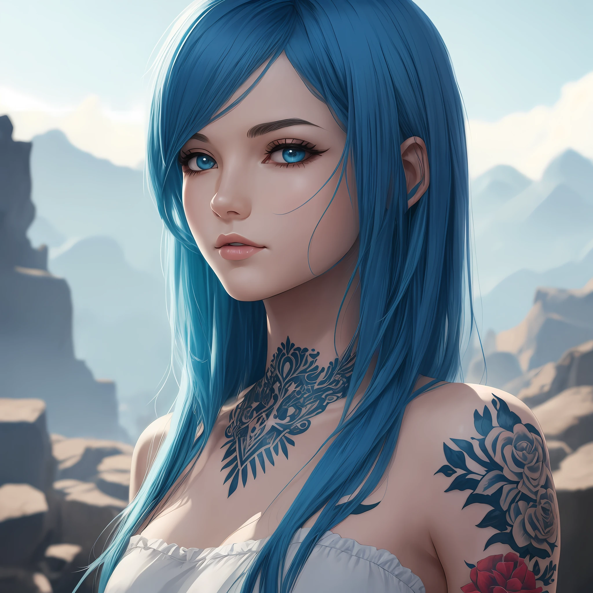 Ultra-high definition 2D art, close-up (1 woman), light blue hair, 2D animation style, soft and delicate depiction, attention also on her full-body tattoos (full-body art), landscape mode, masterpieces by Guweiz and James Jean, tattoo expert designs by CGSCOSITY, etc. A beautiful blue-haired girl who became a hot topic at the trend art station of Japan. --auto
