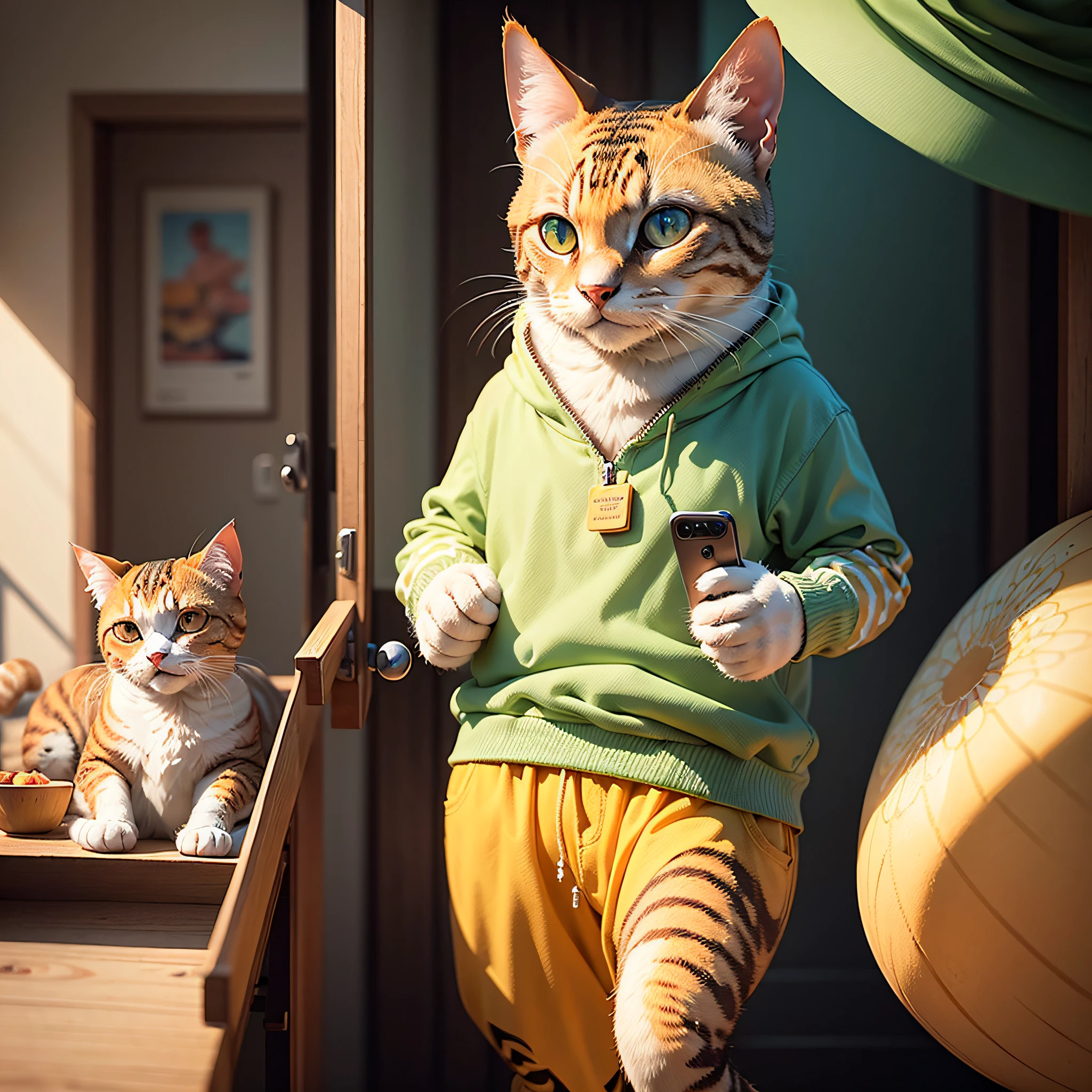 (((obra-prima))), com a melhor qualidade, Amazing illustration, um gato estiloso usando fones de ouvido, animation styling, ambiente colorido, detalhes impressionantes, High Definition CG Unit, plano de fundo vibrante, cores vivas.