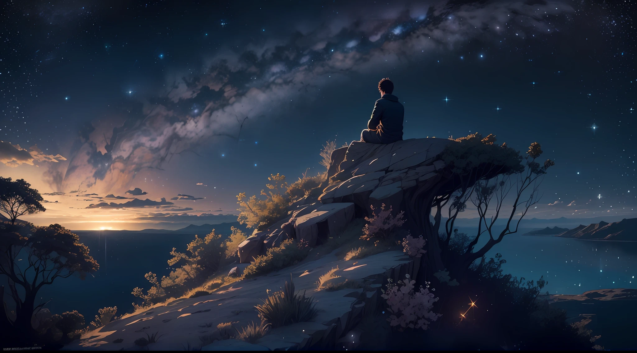 Night scene under a starry sky: Imagine uma paisagem noturna, where a solitary individual finds himself in the midst of a vastness of unspoiled nature. The sky is dotted with bright stars, how the Milky Way extends majestically above. The character is sitting on a cliff, olhando para o horizonte distante, reflective in his loneliness. --auto