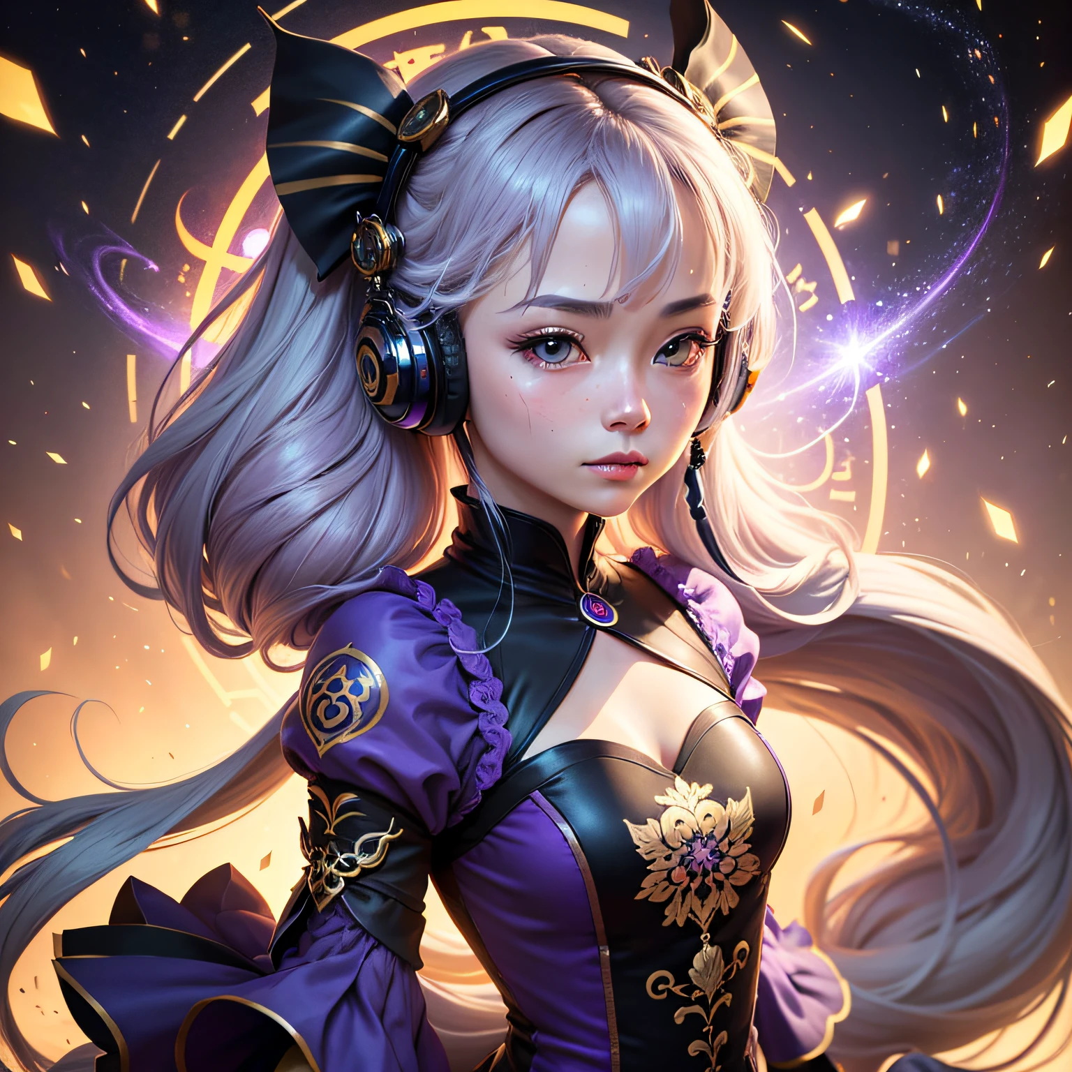 official arts, Unity 8k обои, Ultra Detailed, Beautiful and aesthetically pleasing, tmasterpiece, beste-Qualit, realisti, a closeup of a, Skindentation, Astrologist Mona Megistus is a  character in Genshin Impact. , Interface headset, Purple ta-style dress, A detailed eye, detailized face, Detailed hair, Galaxy in the background, straight, looking a viewer, Glossy --auto