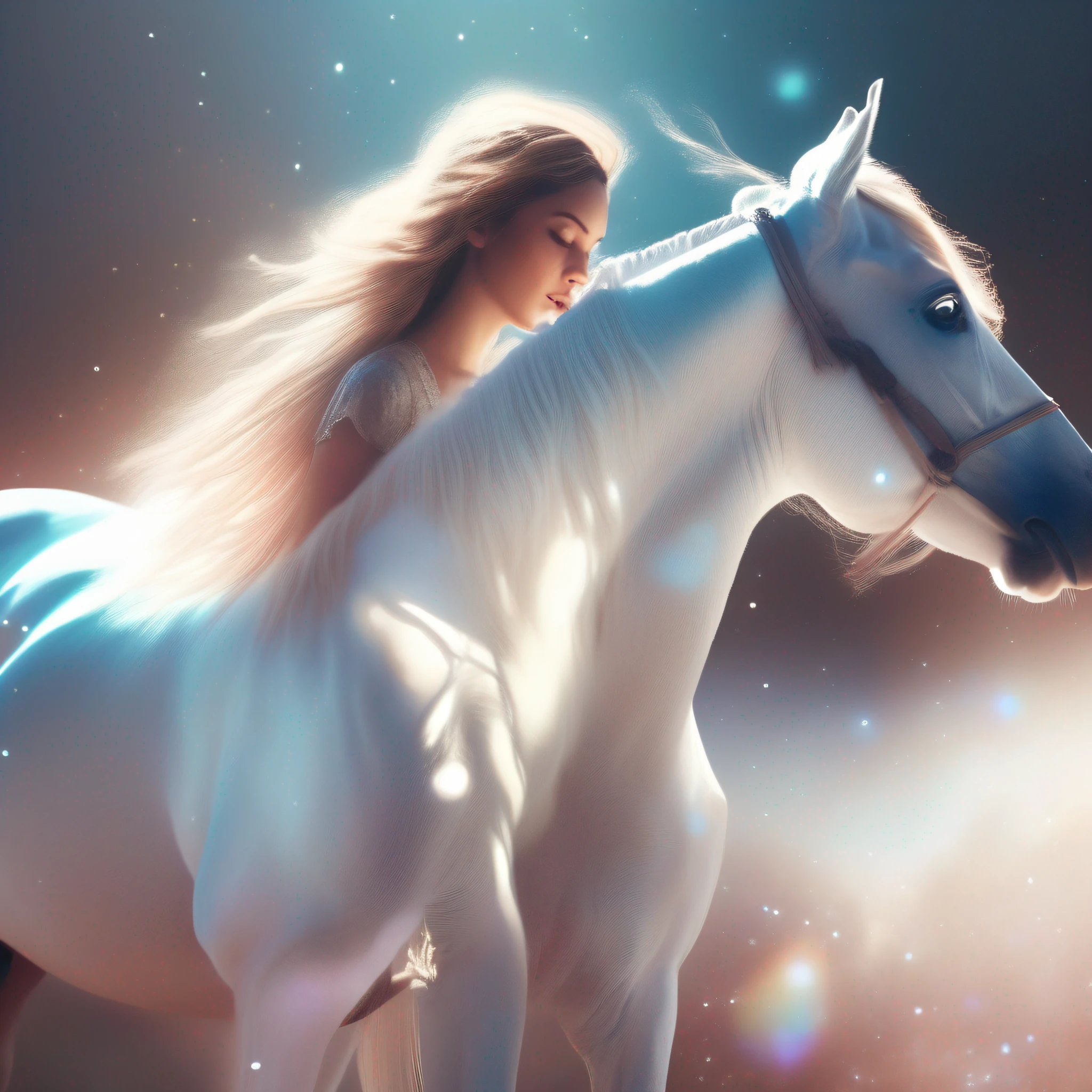 Uma impressionante e intrincada foto colorida de um cavalo majestoso e celestial branco brilhante, com profundidade e textura, epic character composition, Por Ilya Kuvshinov, Alessio Albi, Nina Masic, foco nítido, natural lightting, espalhamento subsuperficial, f2, 35mm, grain of film