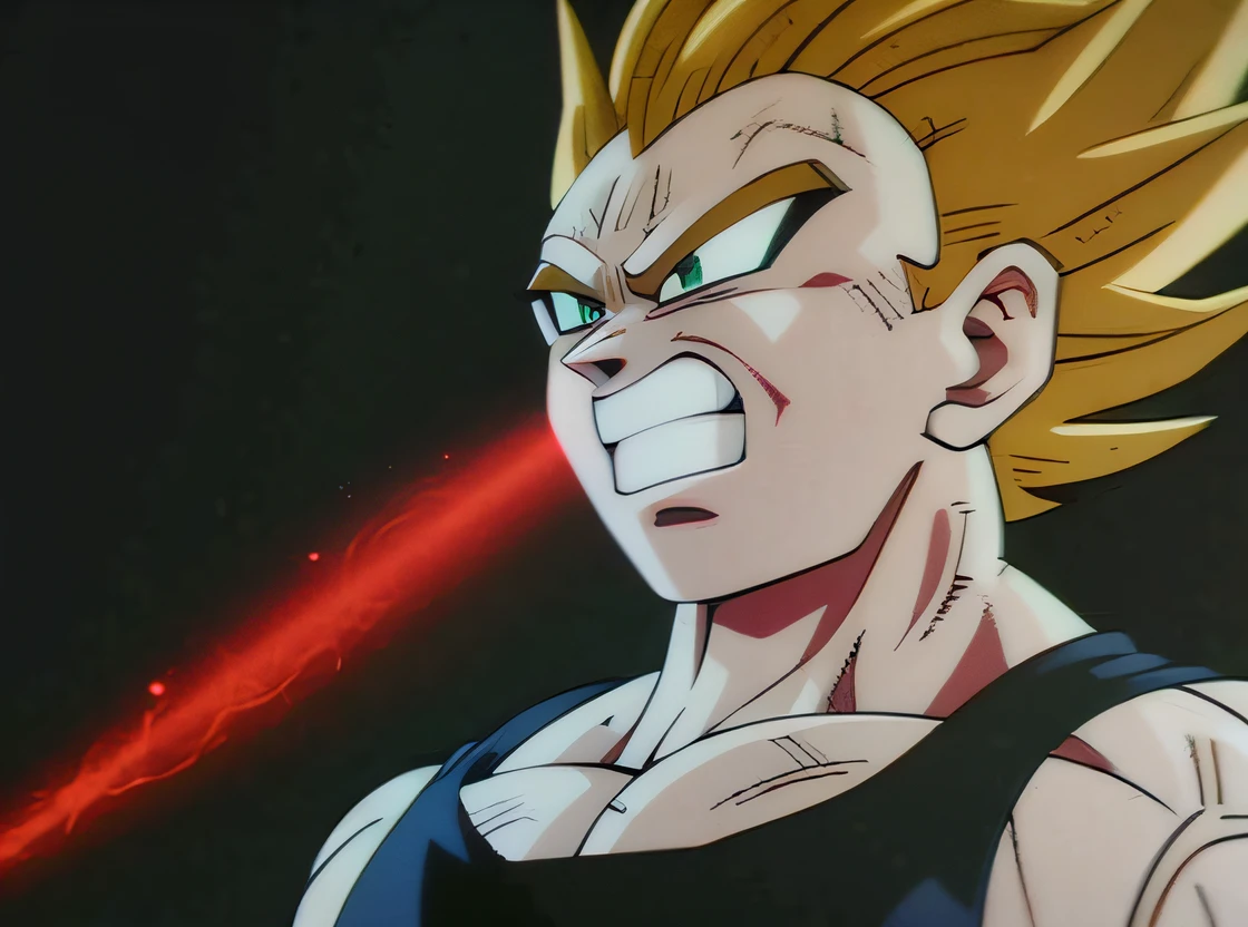 um close up de um personagem de desenho animado com uma luz vermelha na boca, with vegeta head hair, prince vegeta, Vegeta, Gogeta, Super Saiyajin, indo super saiyajin, Super Sayan, Super Saiyajin 3, Cabelo selvagem Saiyajin preto espetado, VHS ScreenCap, DBZ, Dragon ball z, super saiyajin azul