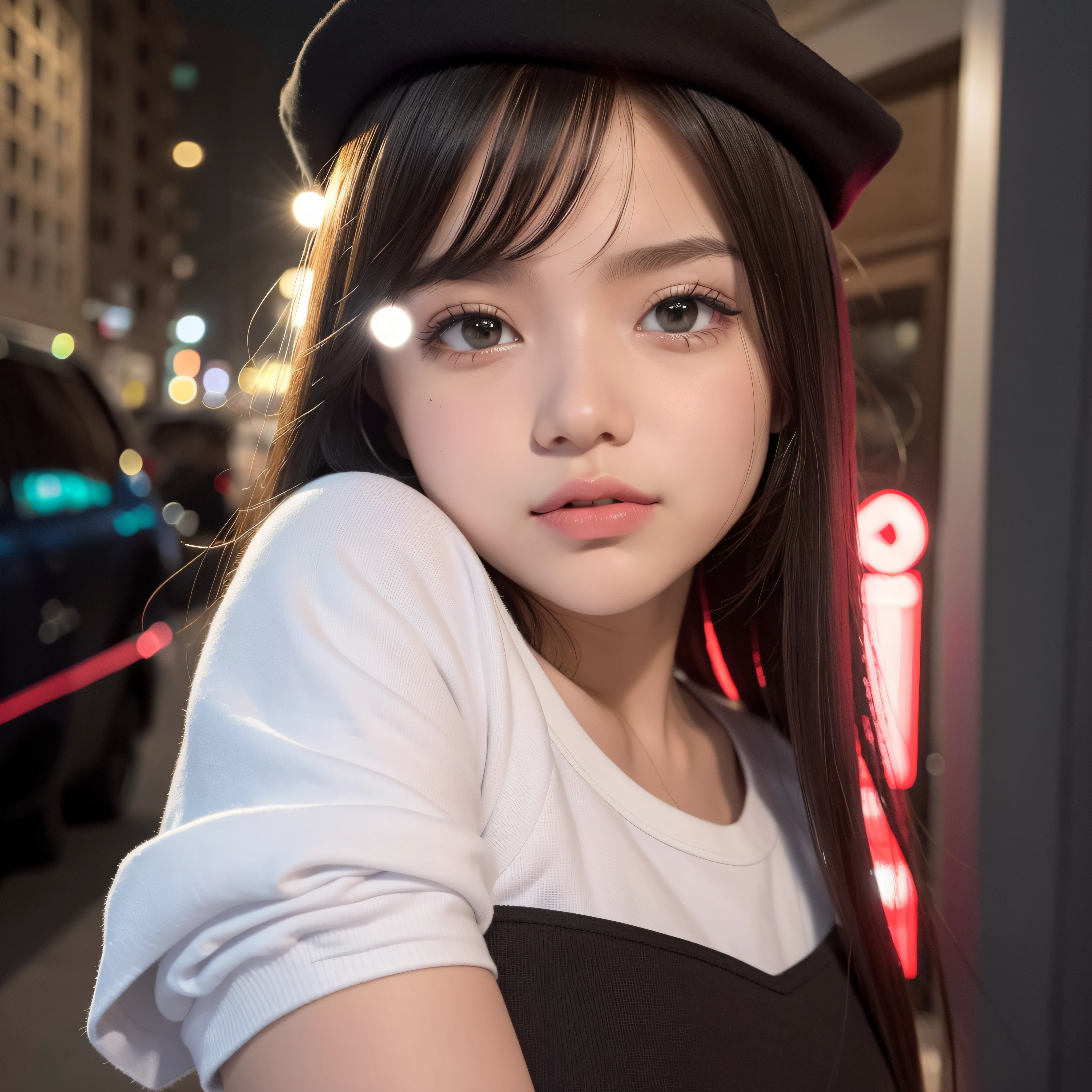 menina bonita de 15 anos com cabelo branco longo e com grandes olhos azuis bem juntos horizontalmente ao nariz ,rosto com formato redondo, com bochechas rosadas, com jaqueta preta,blusa preta,de batom vermelho,de oculos,with cord with bitcoin symbol ,black cap in 100k resolution, in a city at night full of buildings illuminated with blue and red lights