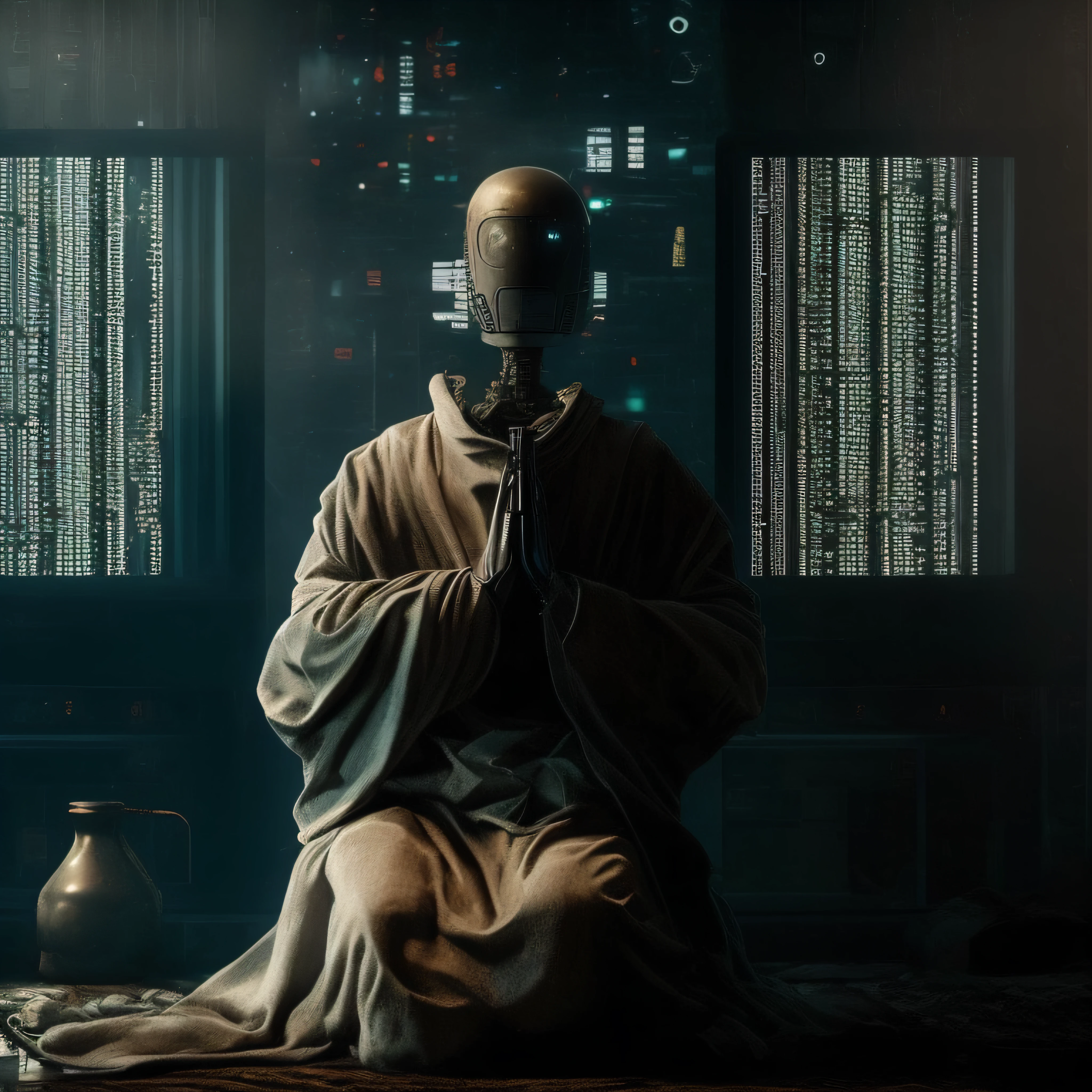 There's a robot sitting on a rug in a room, zen méditation cyberpunk, Cyberpunk ortodoxo, um ciborgue meditando, Cyberpunk Jesus Cristo, old Cyberpunk 8k resolution, hacker Cyberpunk, templo Cyberpunk, Cyberpunk))), scifi religioso, por beeple, transumanista Cyberpunk, estilo Cyberpunk horror, tem estilo Cyberpunk, estilo de carbono alterado, estilo Cyberpunk silenciado