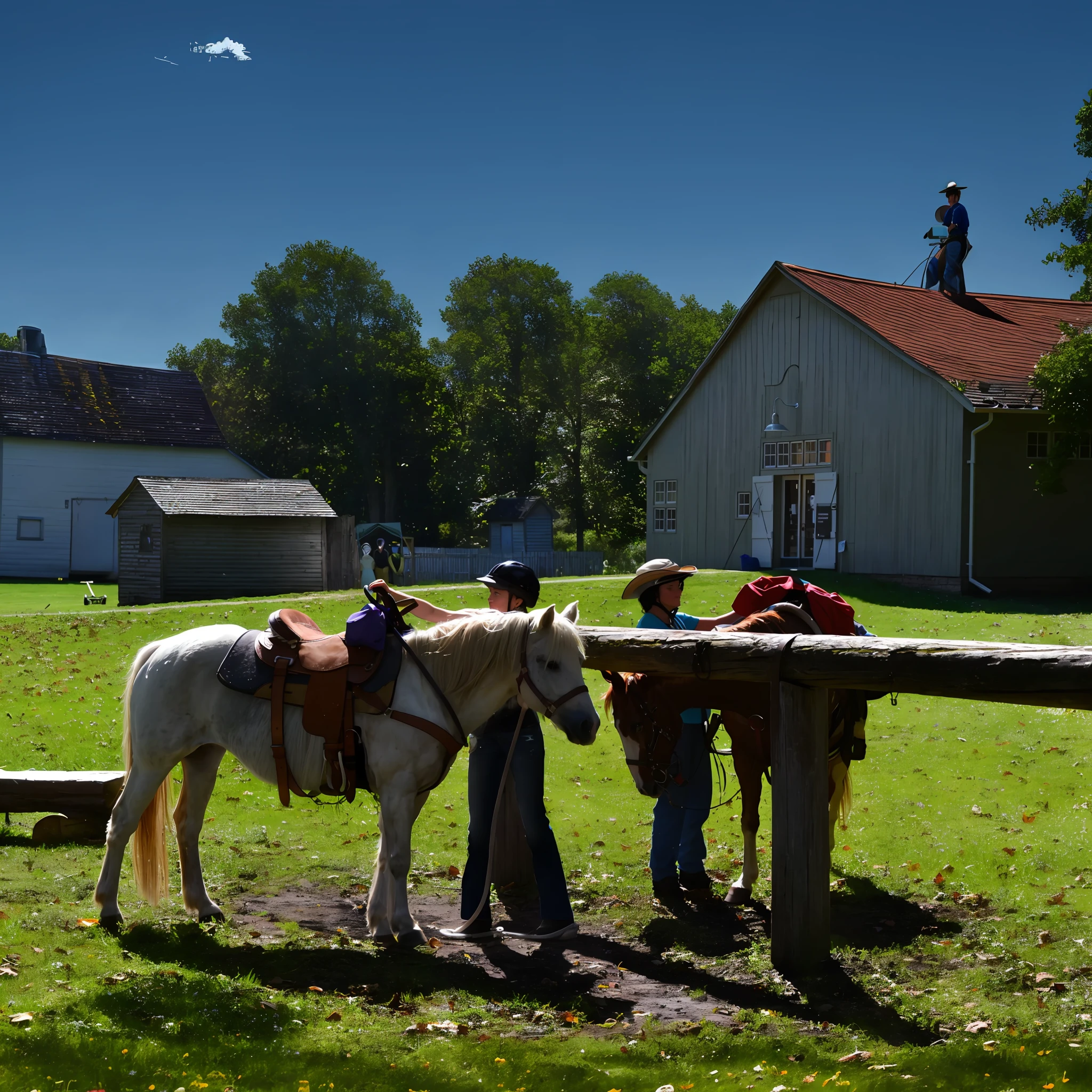 horses are standing in a field with a man standing next to them, by Linda Sutton, of augean stables, by Edward Corbett, photo shot, photo - shot, no reins, camp, by Gwen Barnard, wonderful scene, pony, slide show, by Brigette Barrager, by Susan Heidi, posed, with horse driven, by Jim Nelson, sunday