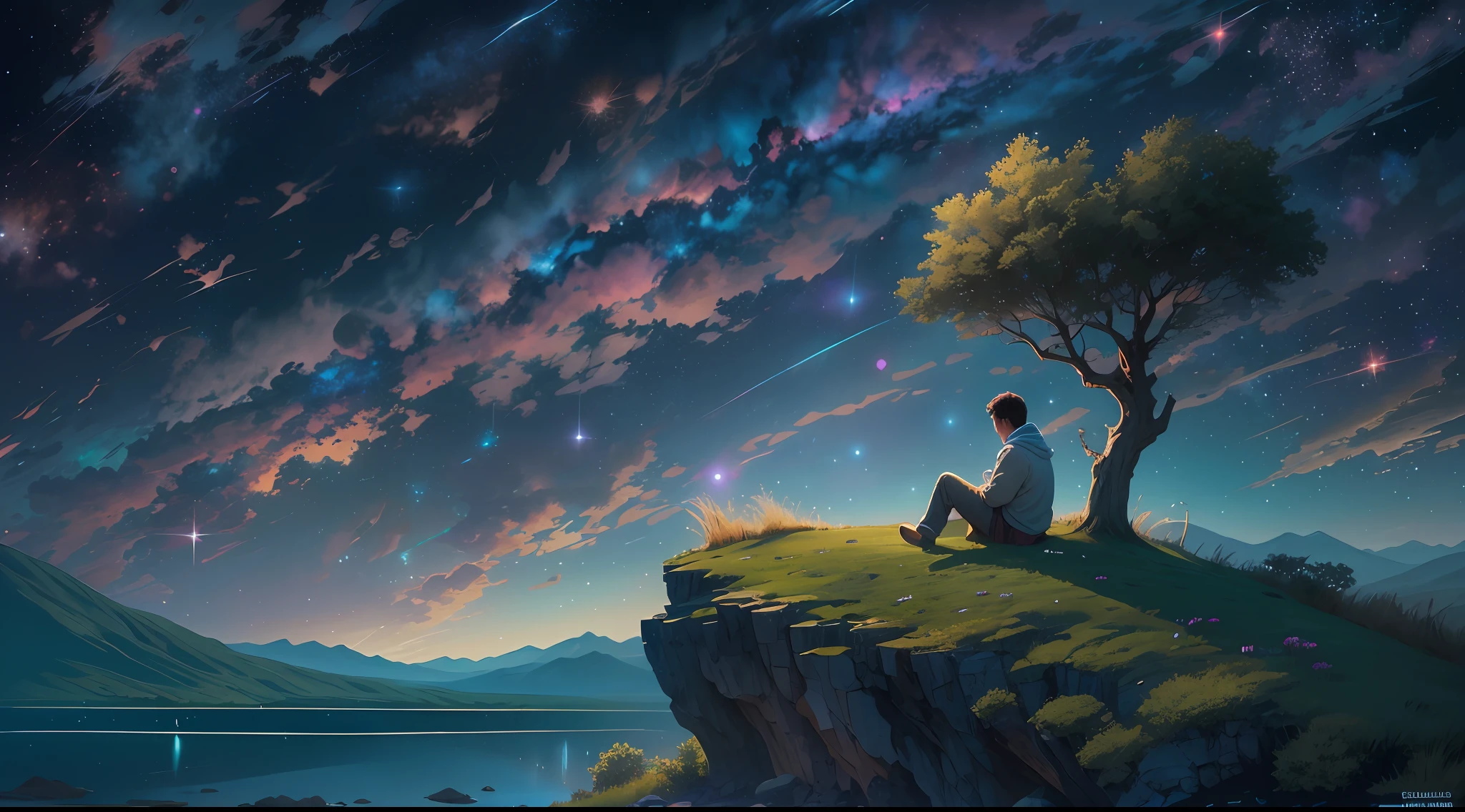 Night scene under a starry sky: Imagine uma paisagem noturna, where a solitary individual finds himself in the midst of a vastness of unspoiled nature. The sky is dotted with bright stars, how the Milky Way extends majestically above. The character is sitting on a cliff, olhando para o horizonte distante, reflective in his loneliness. --auto