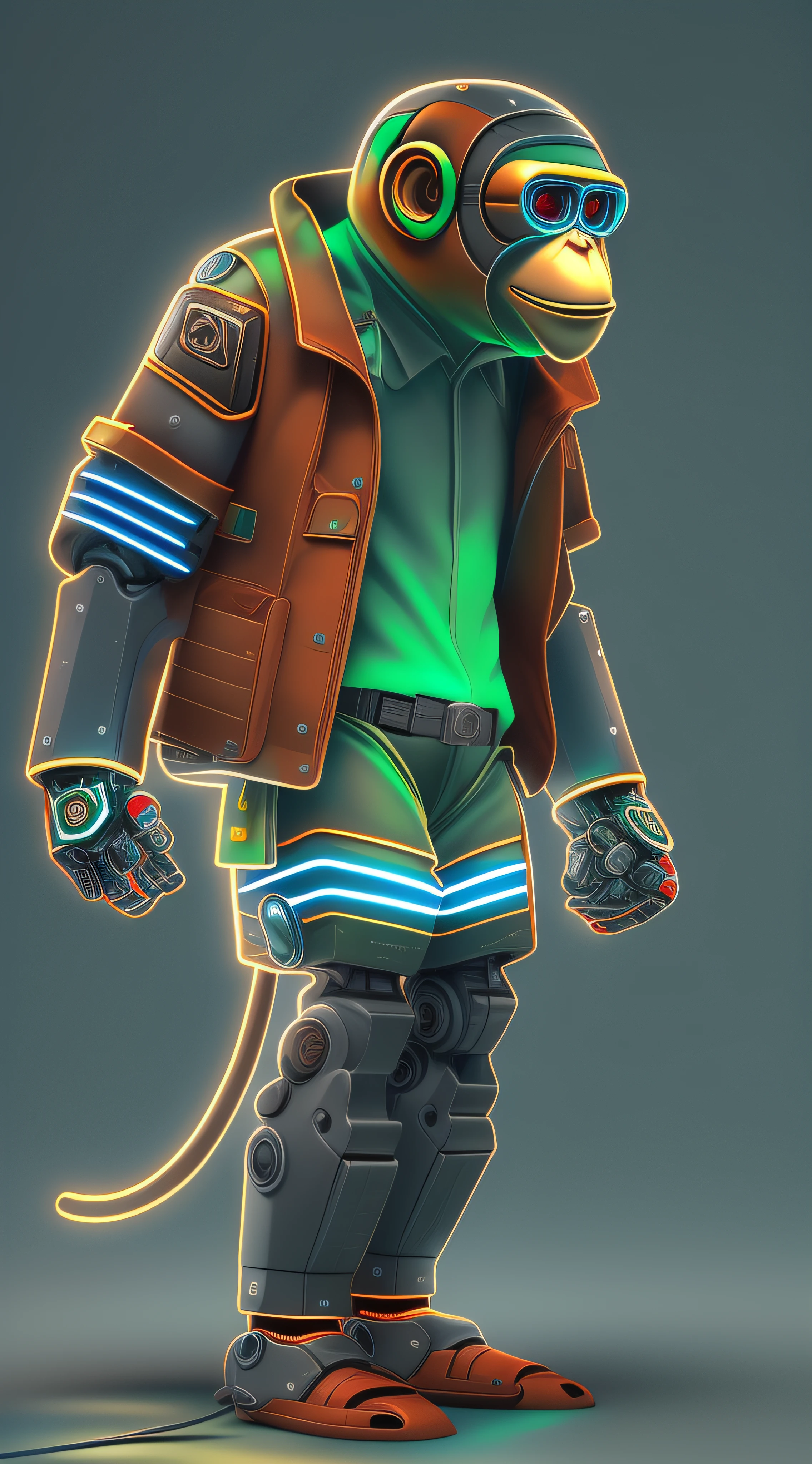Adult monkey ultra realistic robot studying in stylish clothes, fundo cinza com leds neons verdes, azuis e vermelhas