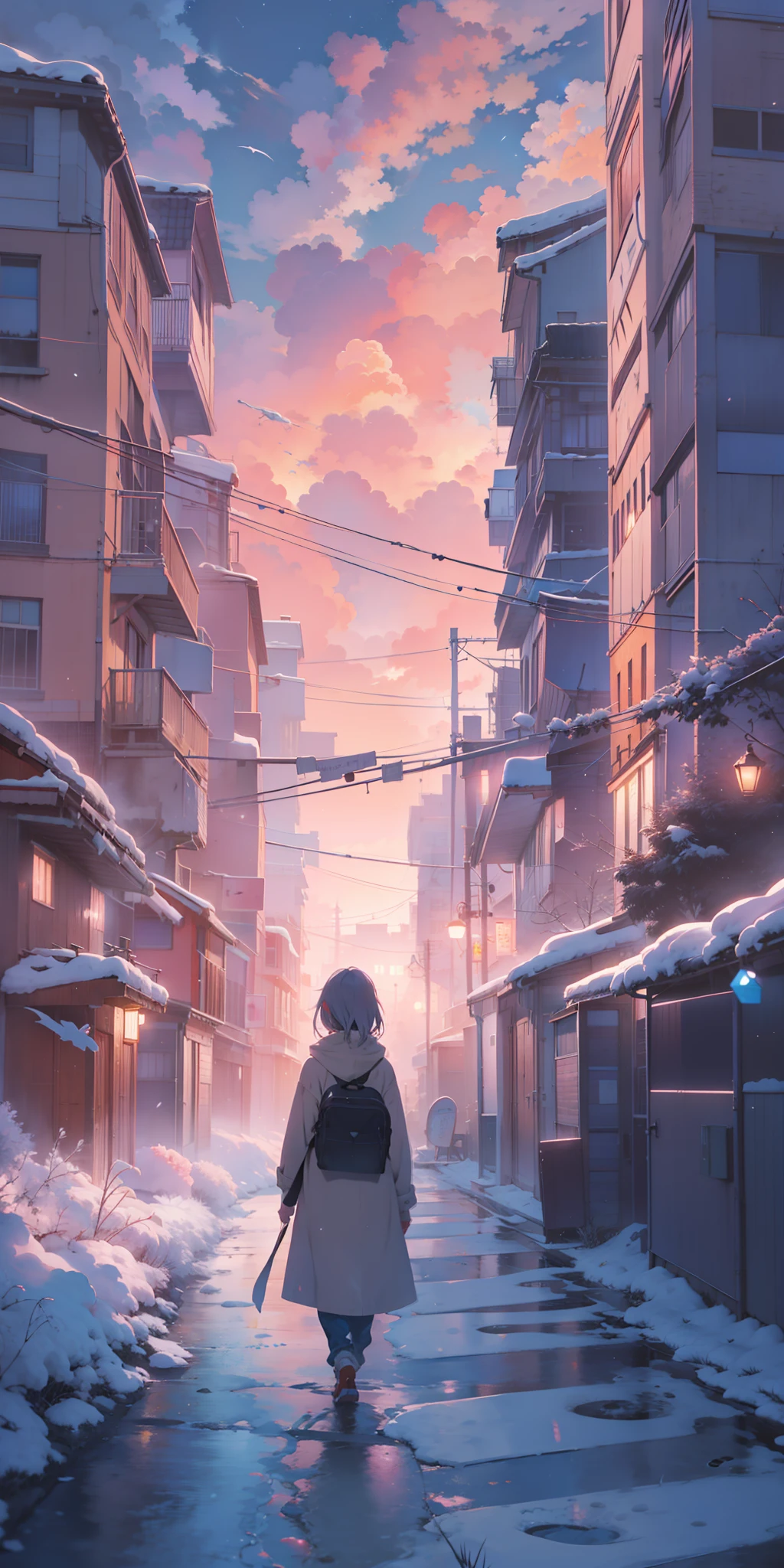 Anime landscape of a city with a tower, a person walking on a snowy path, cosmic sky. By: Makoto Shinkai, beautiful anime scenes, Makoto Shinkai, Cyril Rolando, anime background art, beautiful anime scenery, anime art wallpaper 4k, anime art wallpaper 4k, 4k anime wallpaper, anime wallpaper 4k, anime wallpaper 4k, details Reinforced, perfect detail processing.