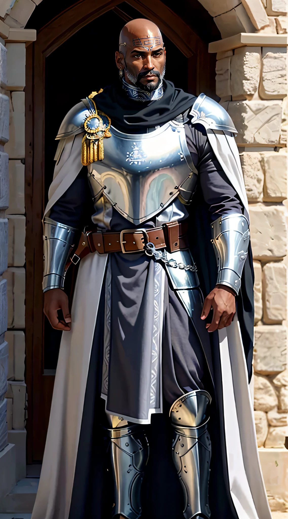 8k, Realistic Photo perfil a man, (((solo))), (tall and muscular man, middle-aged, 50 years old, black man, very dark skin, bald, shaved hair, full gray beard), (a paladin knight of Arab aesthetics, wears a white hijab, wears a gold and silver templar armor, with patterned fabrics and a cape, with a heron coat of arms), is in a castle in the desert, high definition, cinematic light,