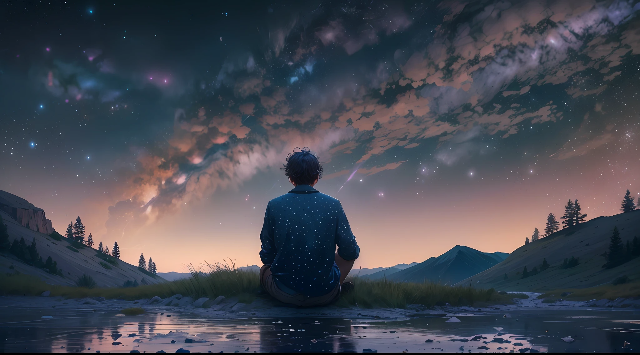 Night scene under a starry sky: Imagine uma paisagem noturna, where a solitary individual finds himself in the midst of a vastness of unspoiled nature. The sky is dotted with bright stars, how the Milky Way extends majestically above. The character is sitting on a cliff, olhando para o horizonte distante, reflective in his loneliness. --auto